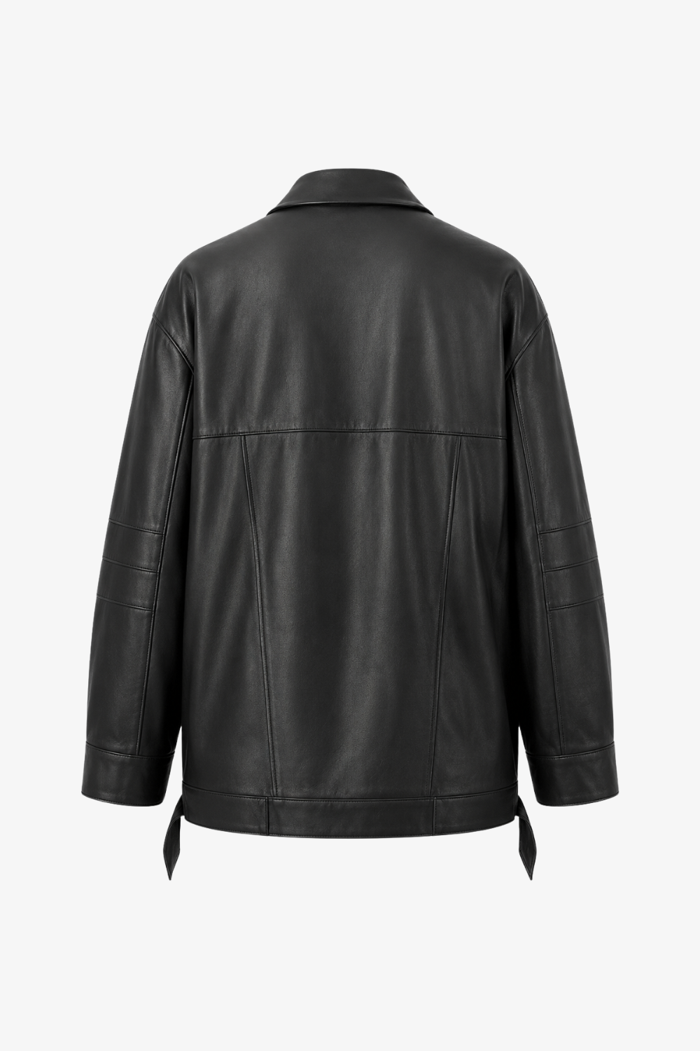 A black leather jacket shown from the back, featuring a collar, long sleeves, and a smooth leather texture, photographed against a plain white background.