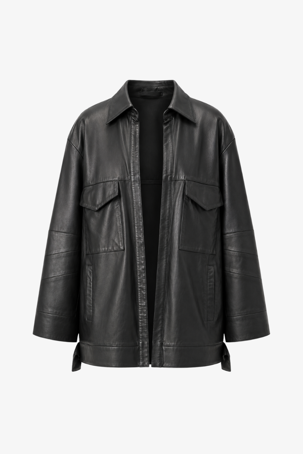 A black leather jacket with a collar, front zipper, and flap chest pockets, shown on a plain light gray background.
