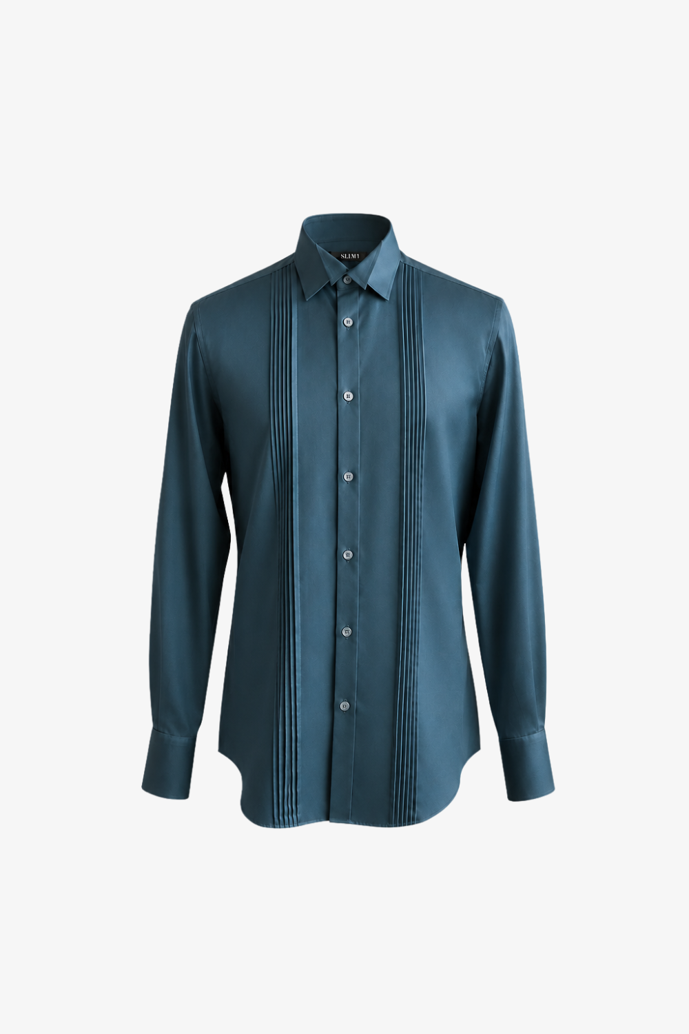 A long-sleeve button-up shirt in a deep teal blue, featuring vertical pleated detailing down the front and on the chest, displayed on a clean white background.