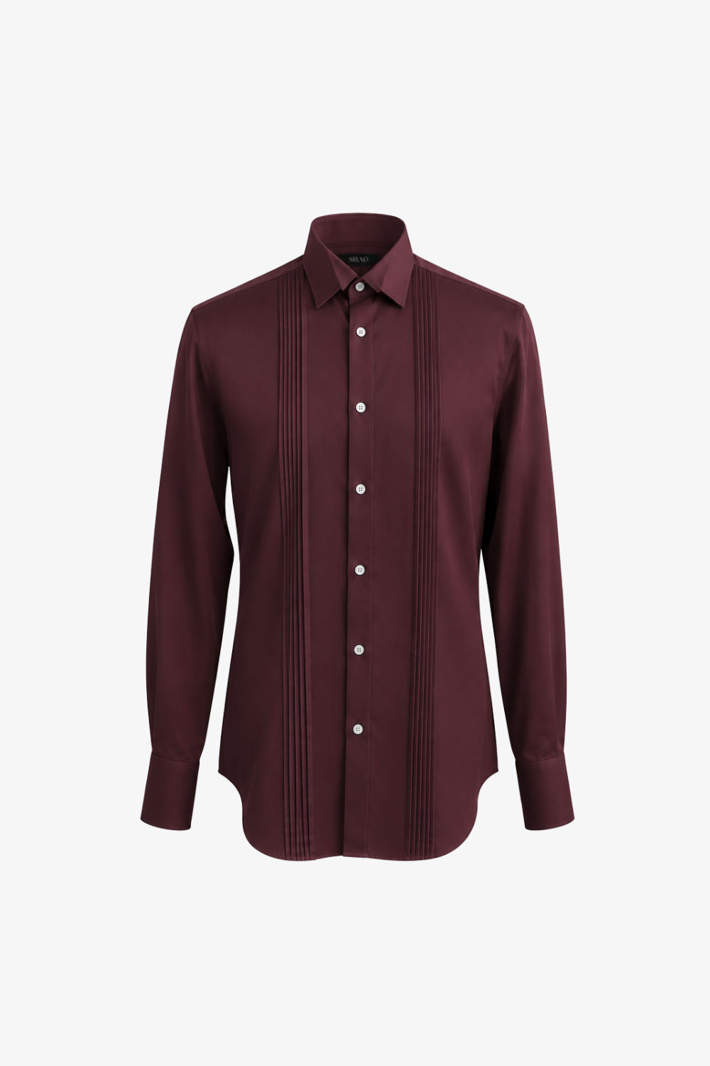 A long-sleeve button-up shirt in deep burgundy with vertical pleat detailing down the front, displayed on a clean white background.