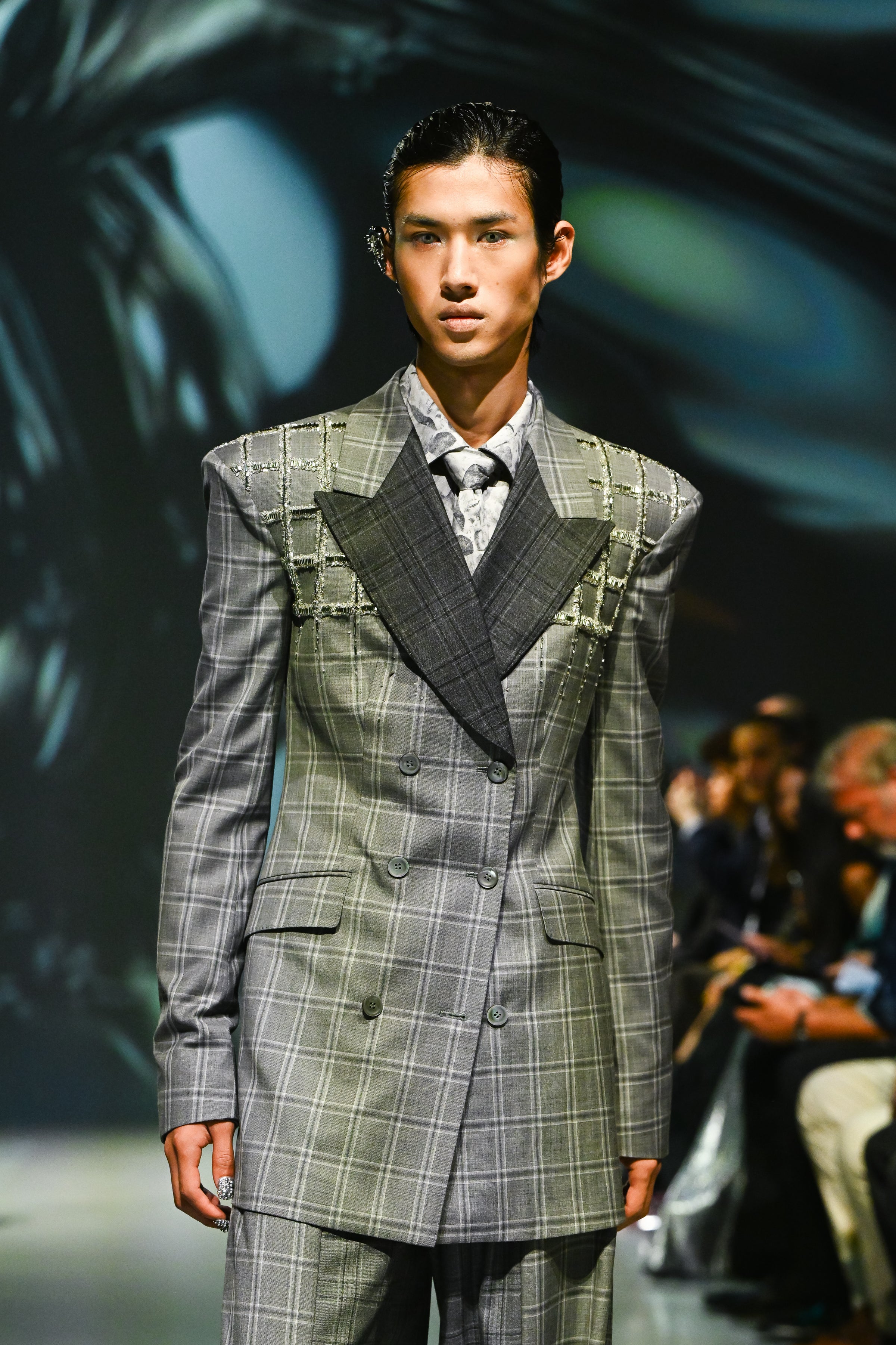 Gray Check Double-Breasted Blazer
