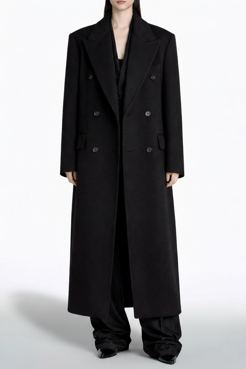 Person wearing a long black coat on a white background