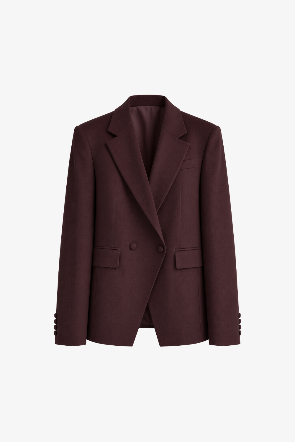 Burgundy Double-Breasted Blazer with Slanted Front Hem showcasing SHAO New York’s expert bespoke tailoring with a sculptural silhouette and refined luxury designer fashion influence.