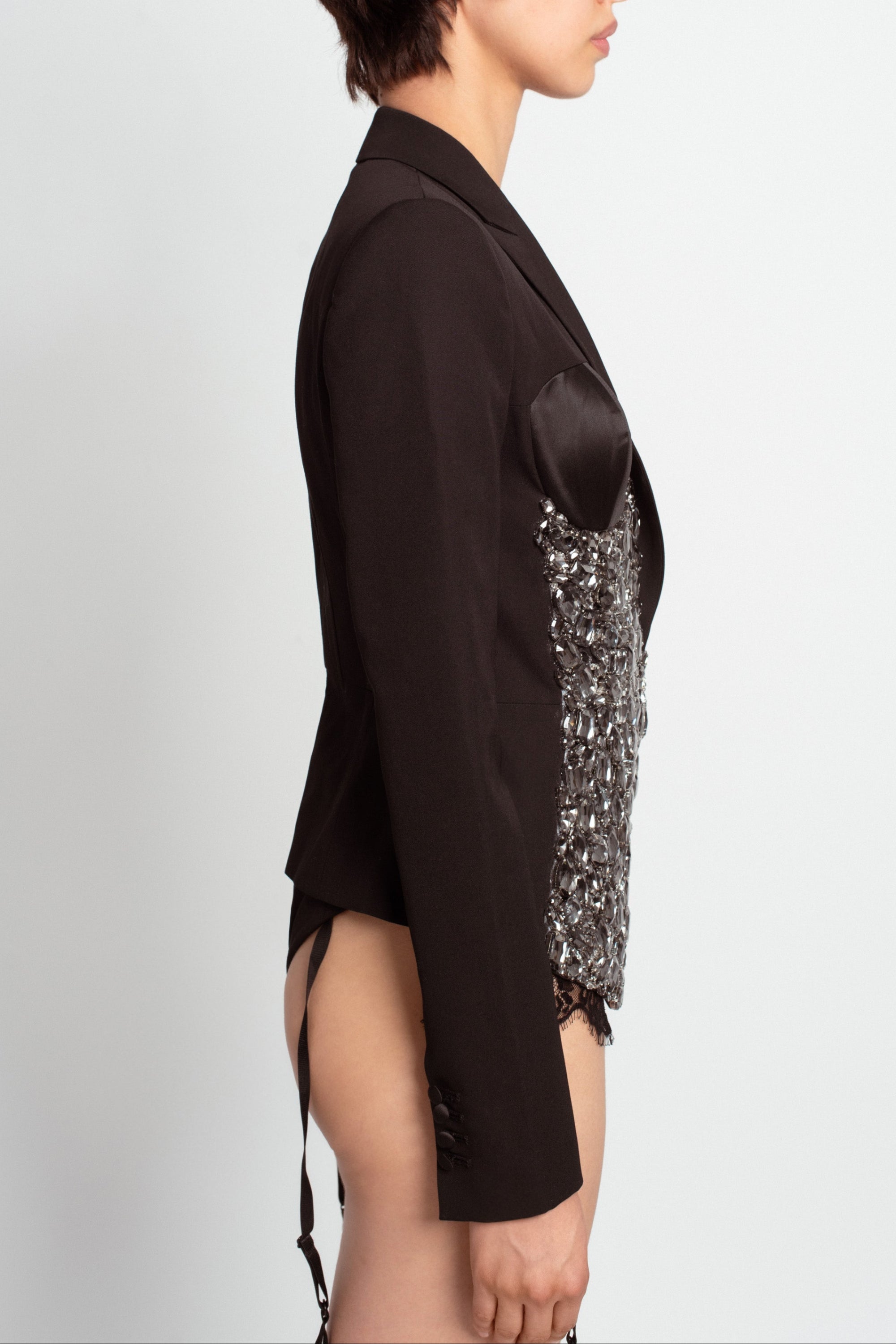 Jet Black Crystal Cropped Jacket – Deep V Silhouette