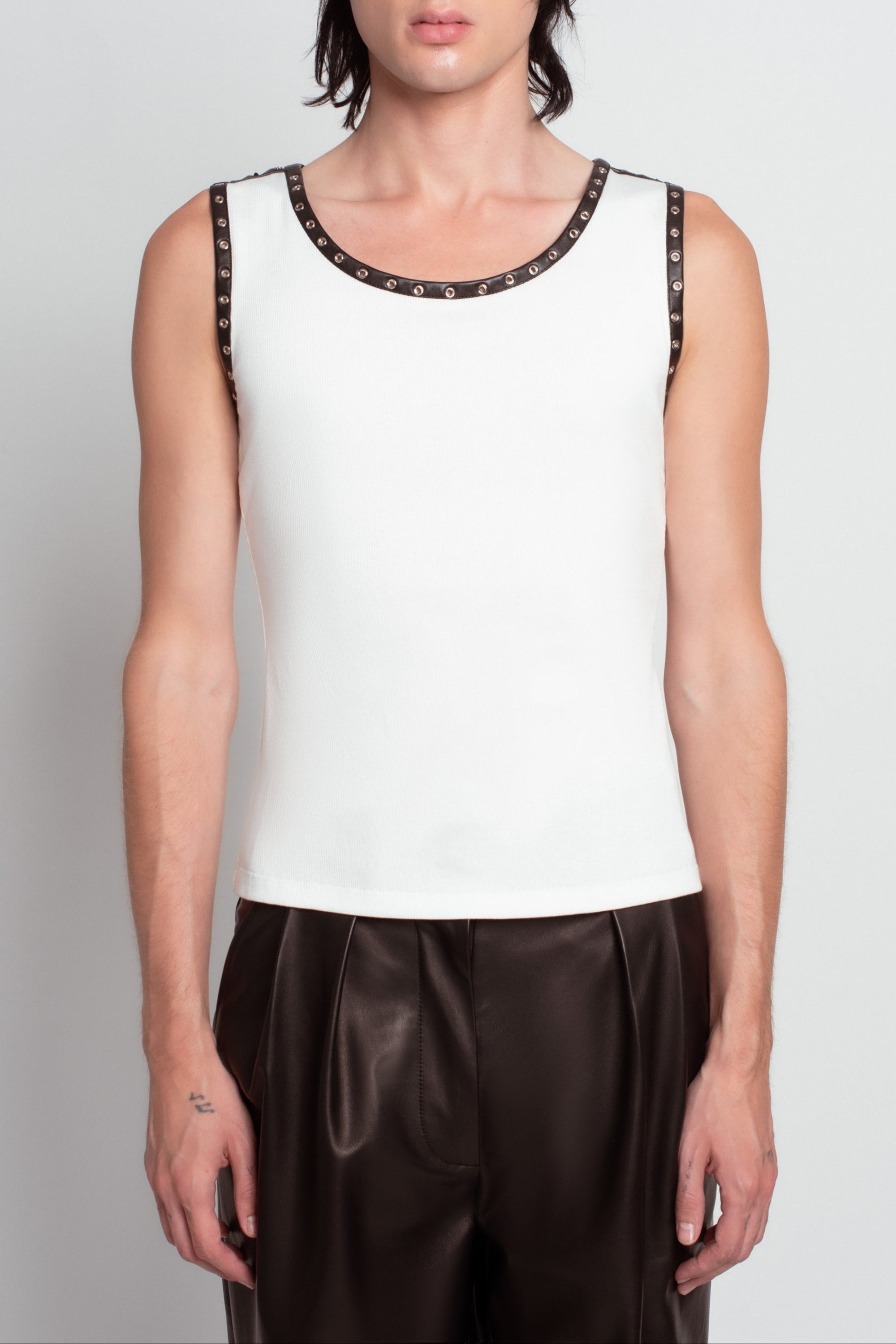 Essential White Fitted Tank – Leather Trim Detail
