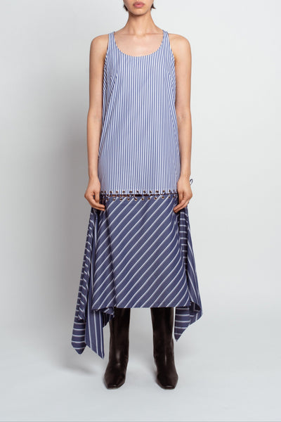 Blue Pinstripe Sleeveless Dress – Asymmetric High-Low Hem