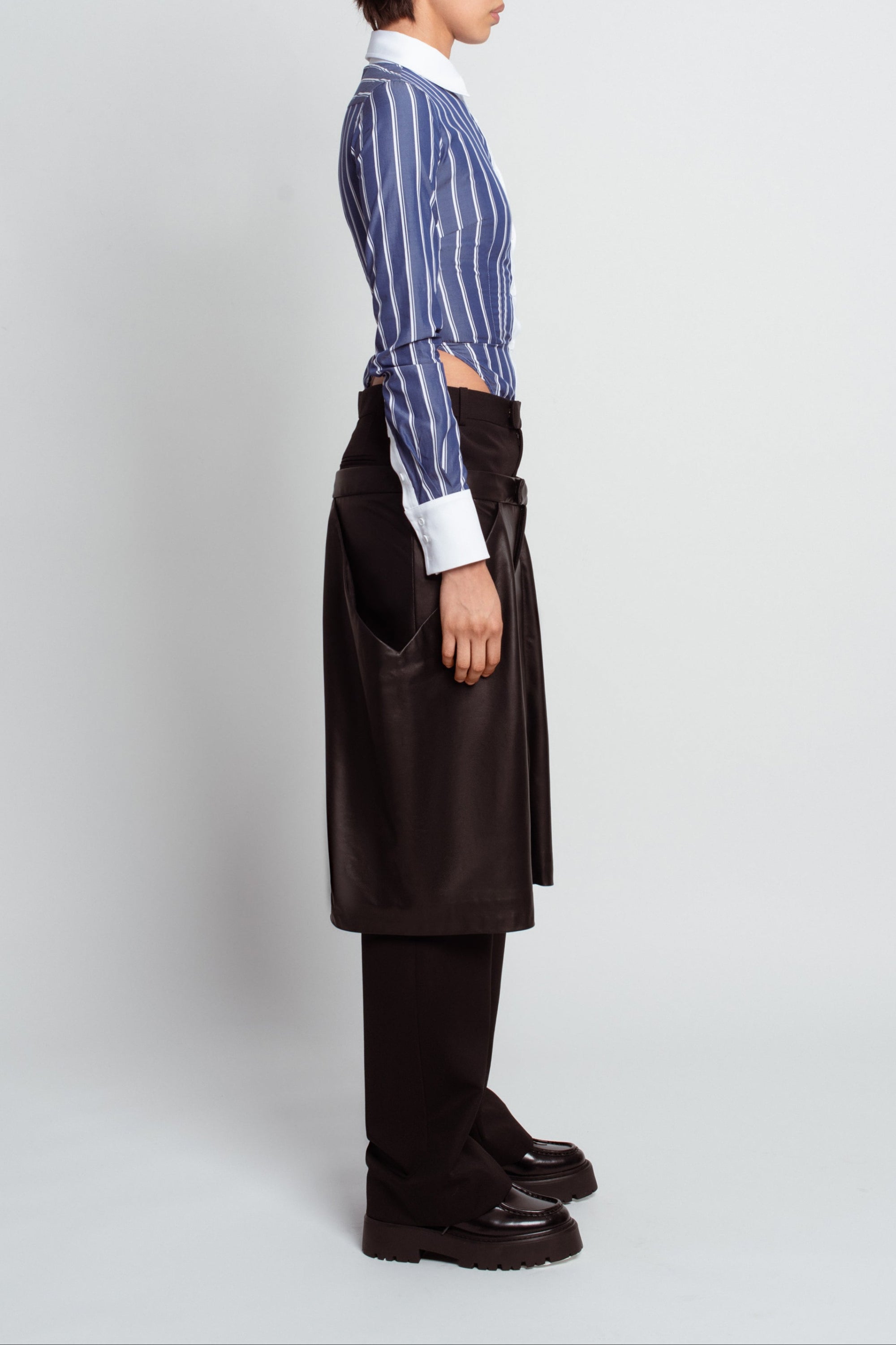 Black Straightleg Wool Trousers with Boxy Leather Shorts Overlay
