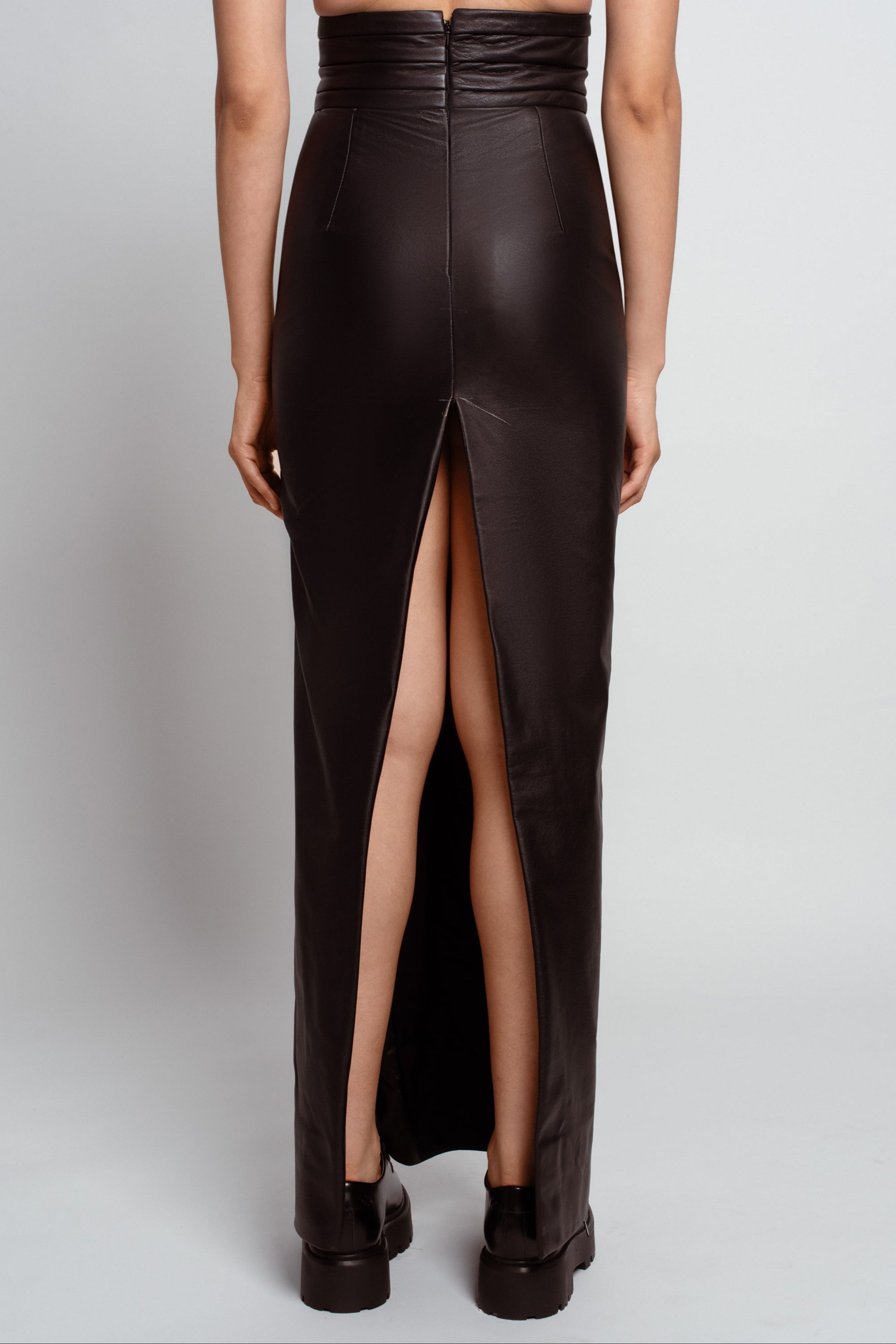 Jet Black Leather Column Skirt – Cummerbund Detail