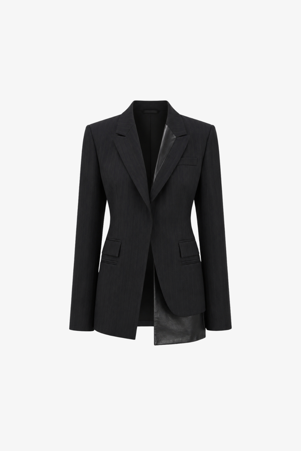 Front view of Double Layer Pinstripe Blazer featuring a tailored silhouette with sharp lapels, subtle pinstripe fabric, and an asymmetrical leather underlayer, showcasing SHAO New York bespoke tailoring and luxury designer fashion.
