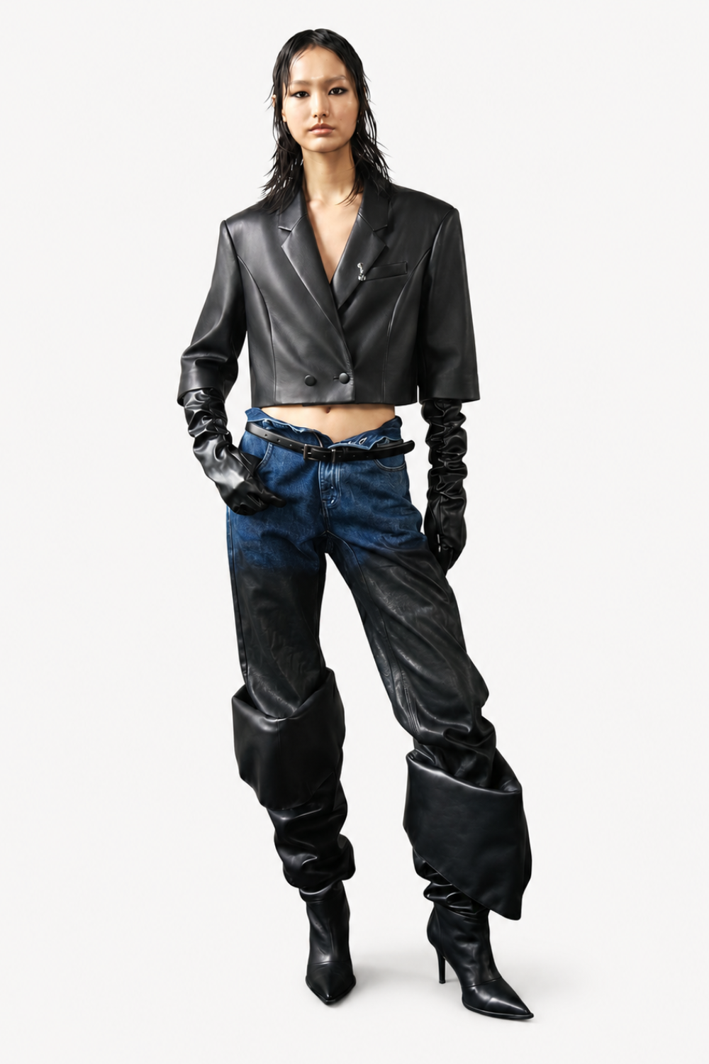 Cropped Leather Double-Button Blazer with Piercing Detail
