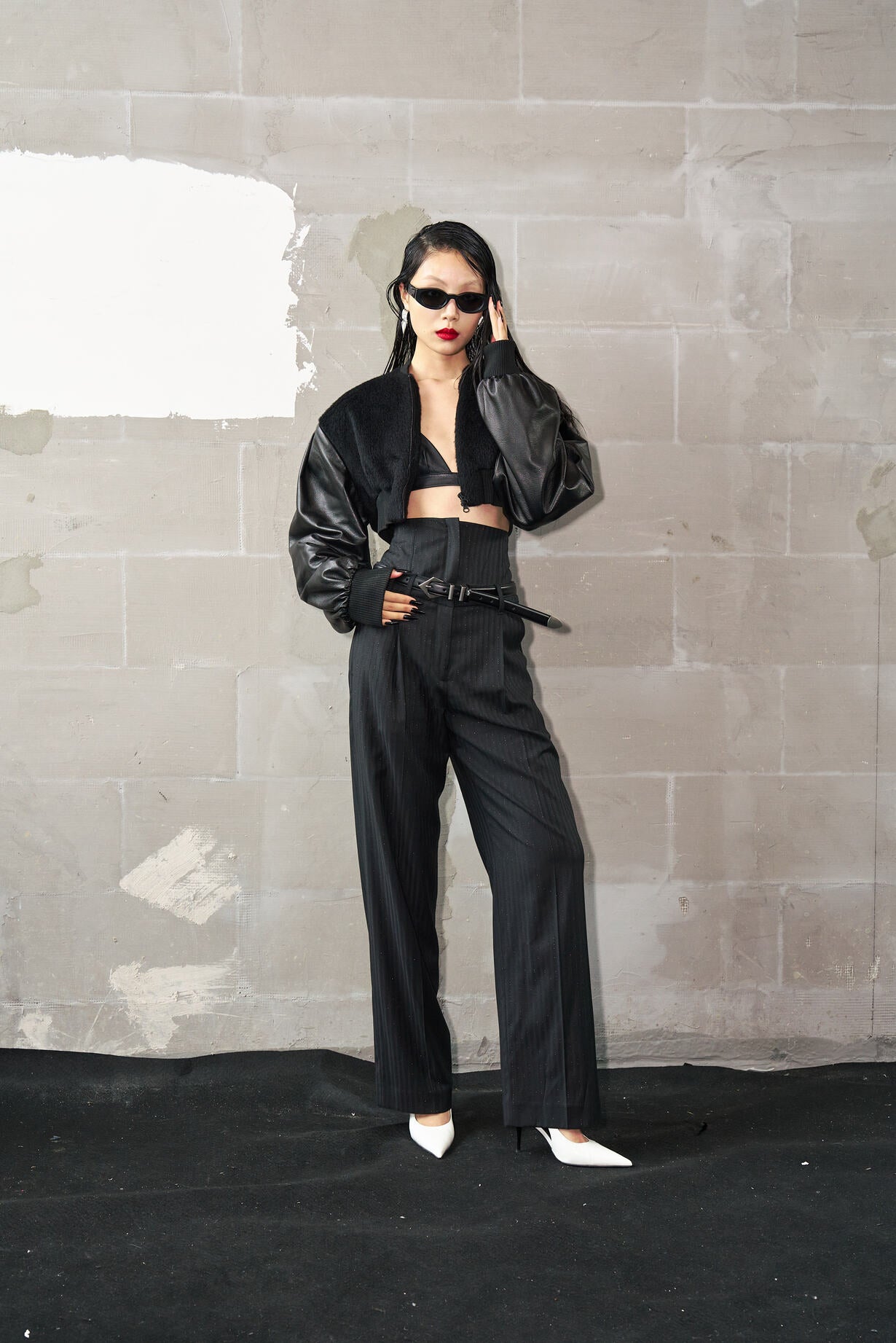 Cropped Alpaca and Leather Bomber Jacket