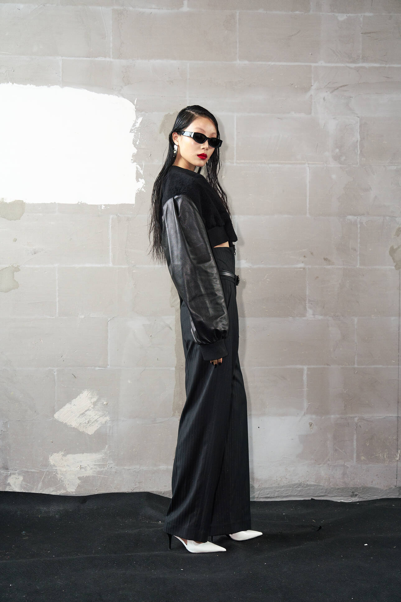 Cropped Alpaca and Leather Bomber Jacket