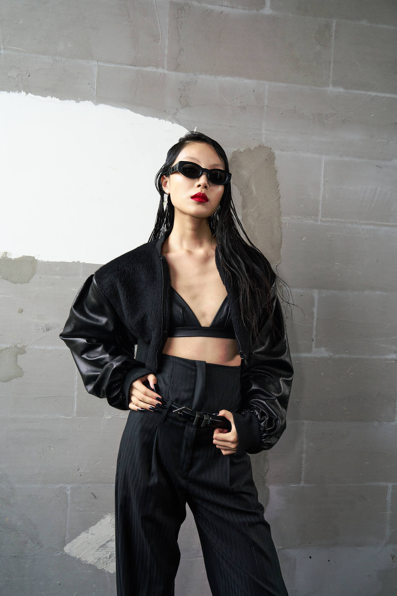 Cropped Alpaca and Leather Bomber Jacket