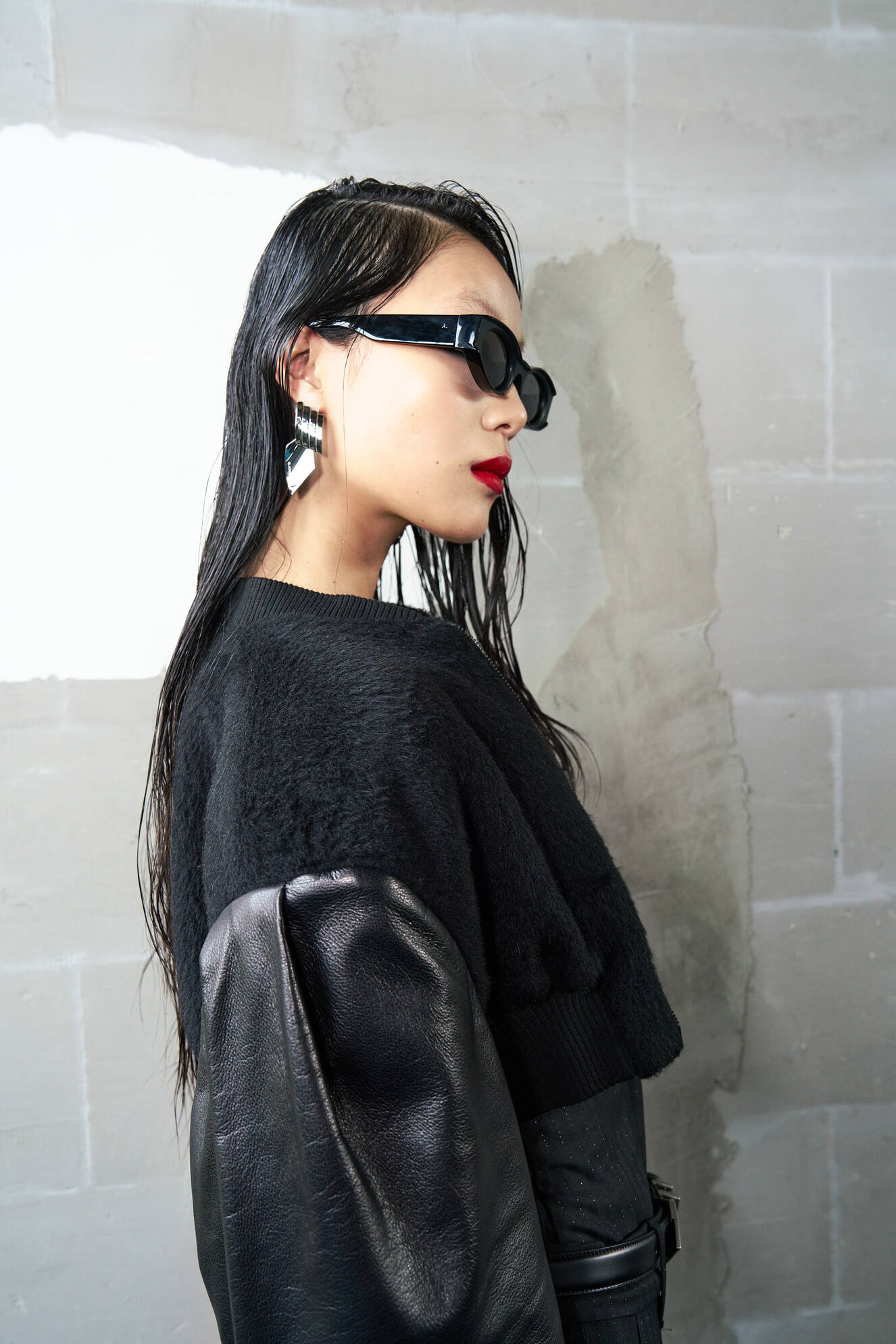 Cropped Alpaca and Leather Bomber Jacket