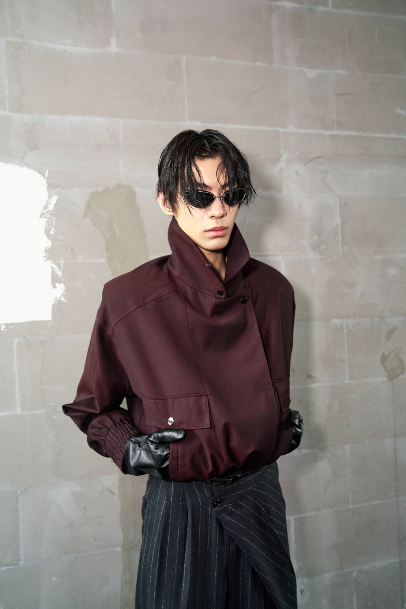 Tailored Wool Balloon Bomber Jacket - Burgundy