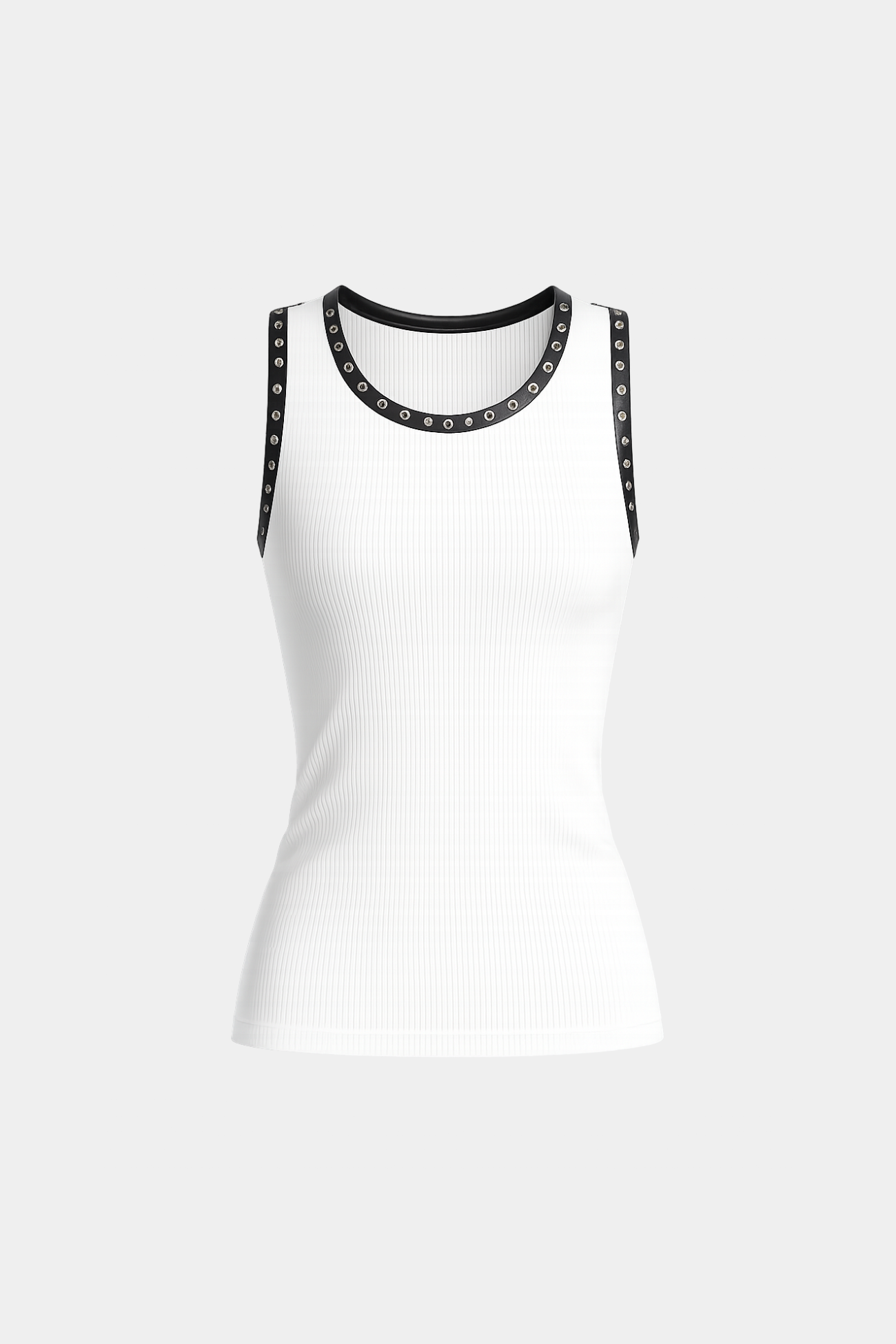White tank top with black mesh trim on a white background