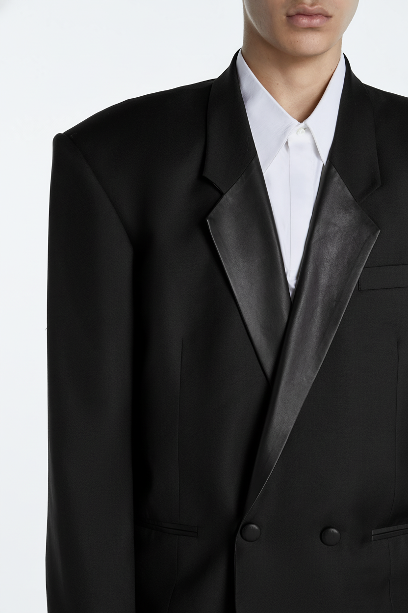 Black Oversized Boxy Blazer – Leather Lapel Construction