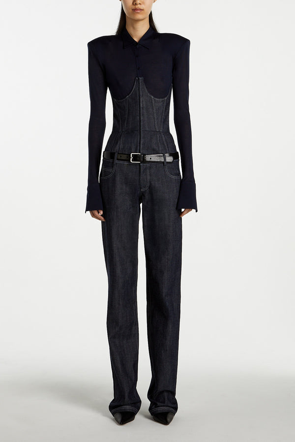 Navy Shirt Bodysuit – Structured Shoulder Construction