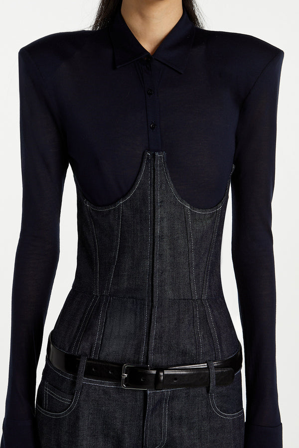 海军蓝衬衫连体衣 – 立体肩部设计