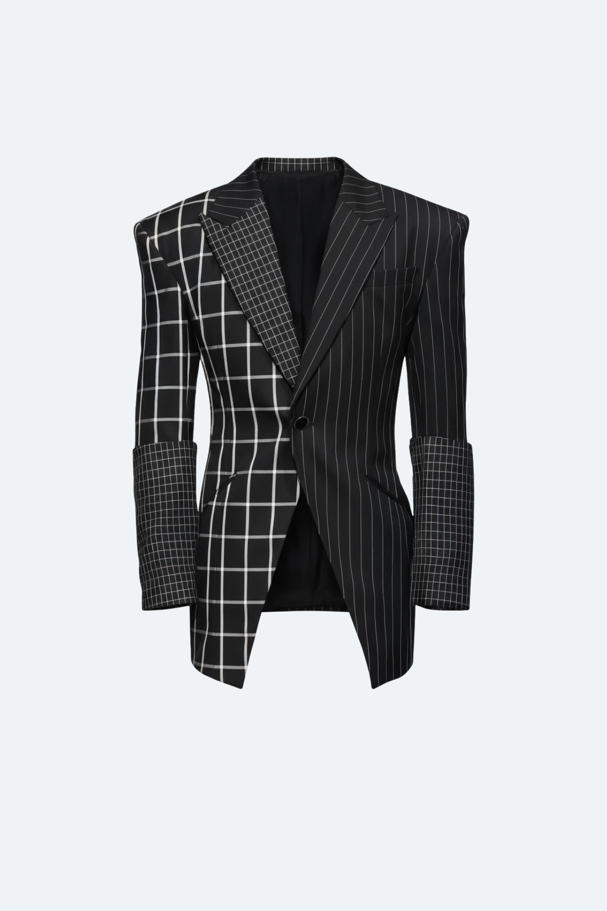 Front view of Structured Pinstripe and Windowpane Blazer featuring asymmetric black and white patterns, sharp tailoring, sculptural shoulders, and a single-button closure in luxury bespoke tailoring.