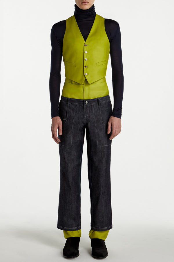 Chartreuse and Dark Indigo Straight-Leg Pants – Dual-Layer Construction