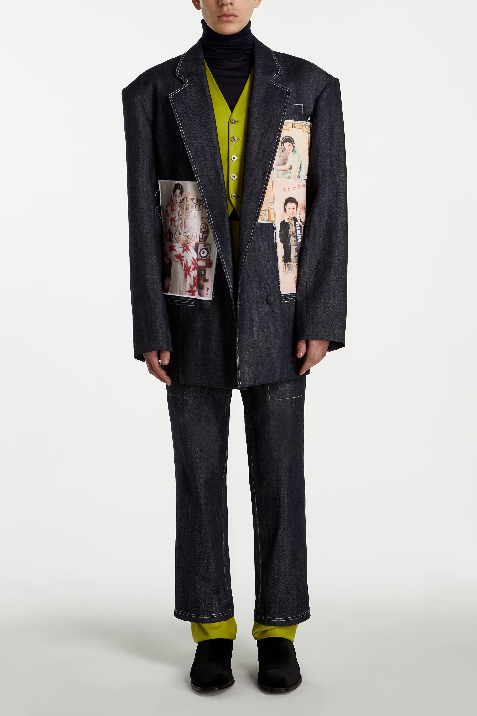 Dark Indigo Denim Blazer with Anachronism Print Patches – Oversized Architectural Silhouette