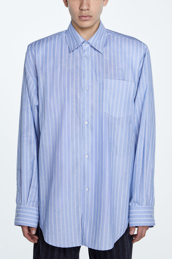Blue White Pinstripe Power Shirt with structured shoulder pads and classic vertical stripes in a button-down design.