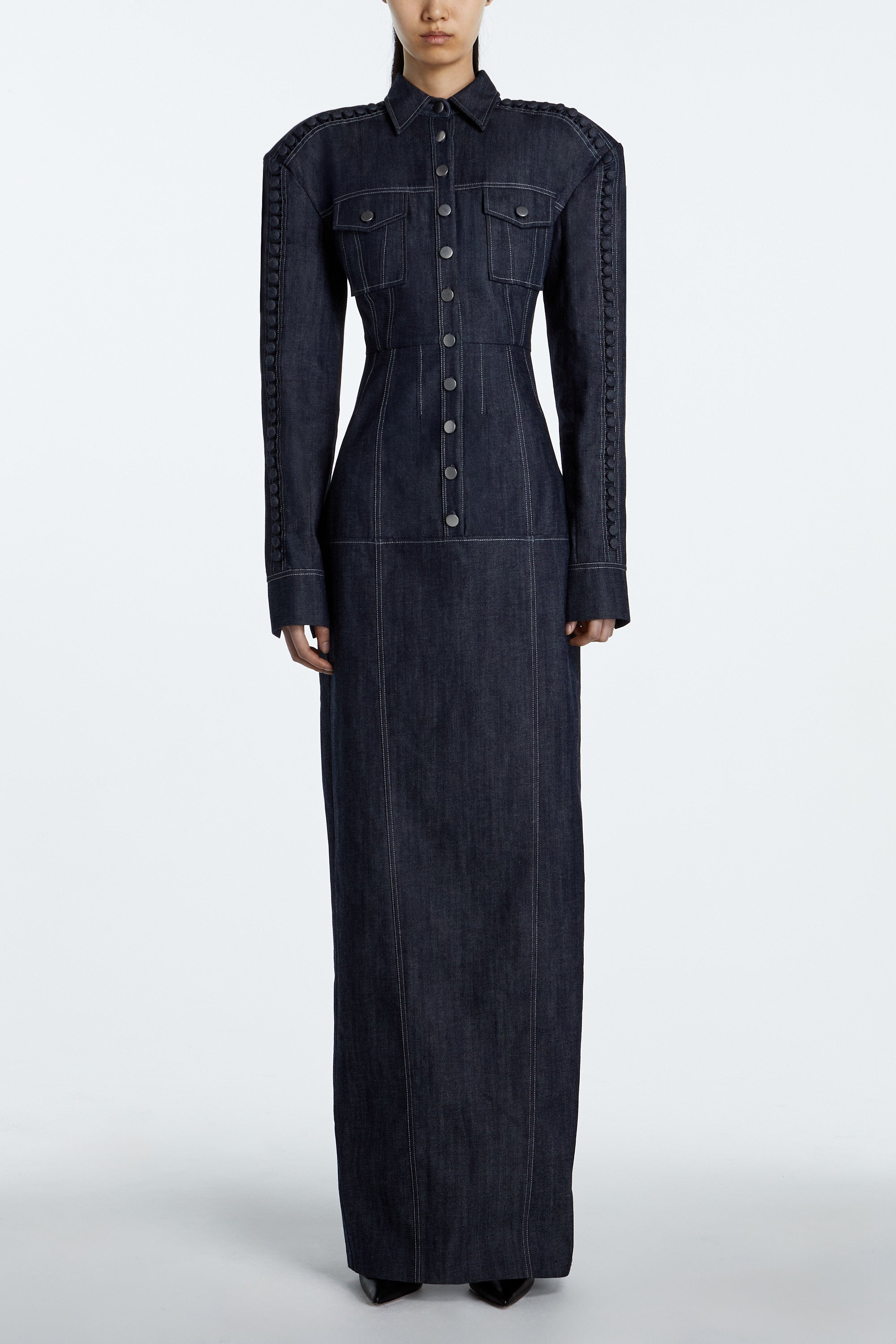 Dark Indigo Structured Denim Dress – Floor-Length Tailored Silhouette
