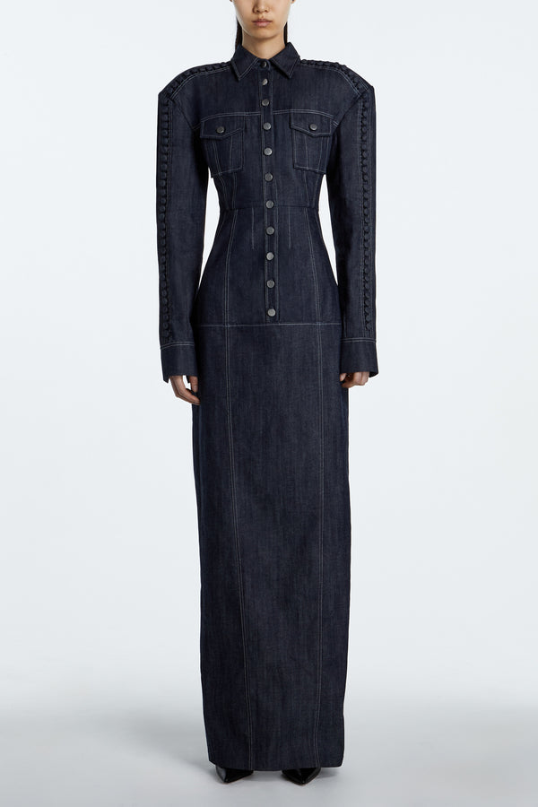 Dark Indigo Structured Denim Dress – Floor-Length Tailored Silhouette