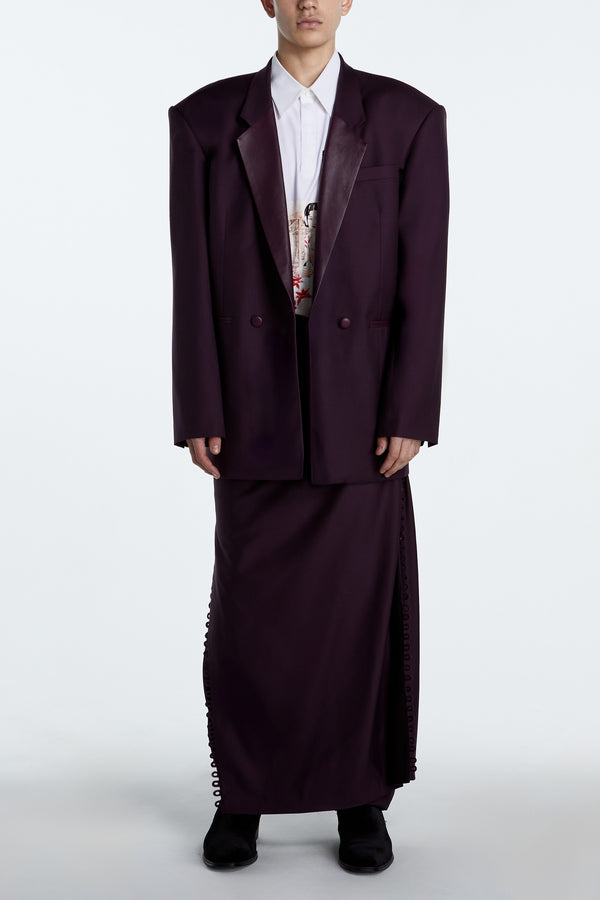 Aubergine Oversized Boxy Blazer – Leather Lapel Construction with double-breasted front and structured shoulders.