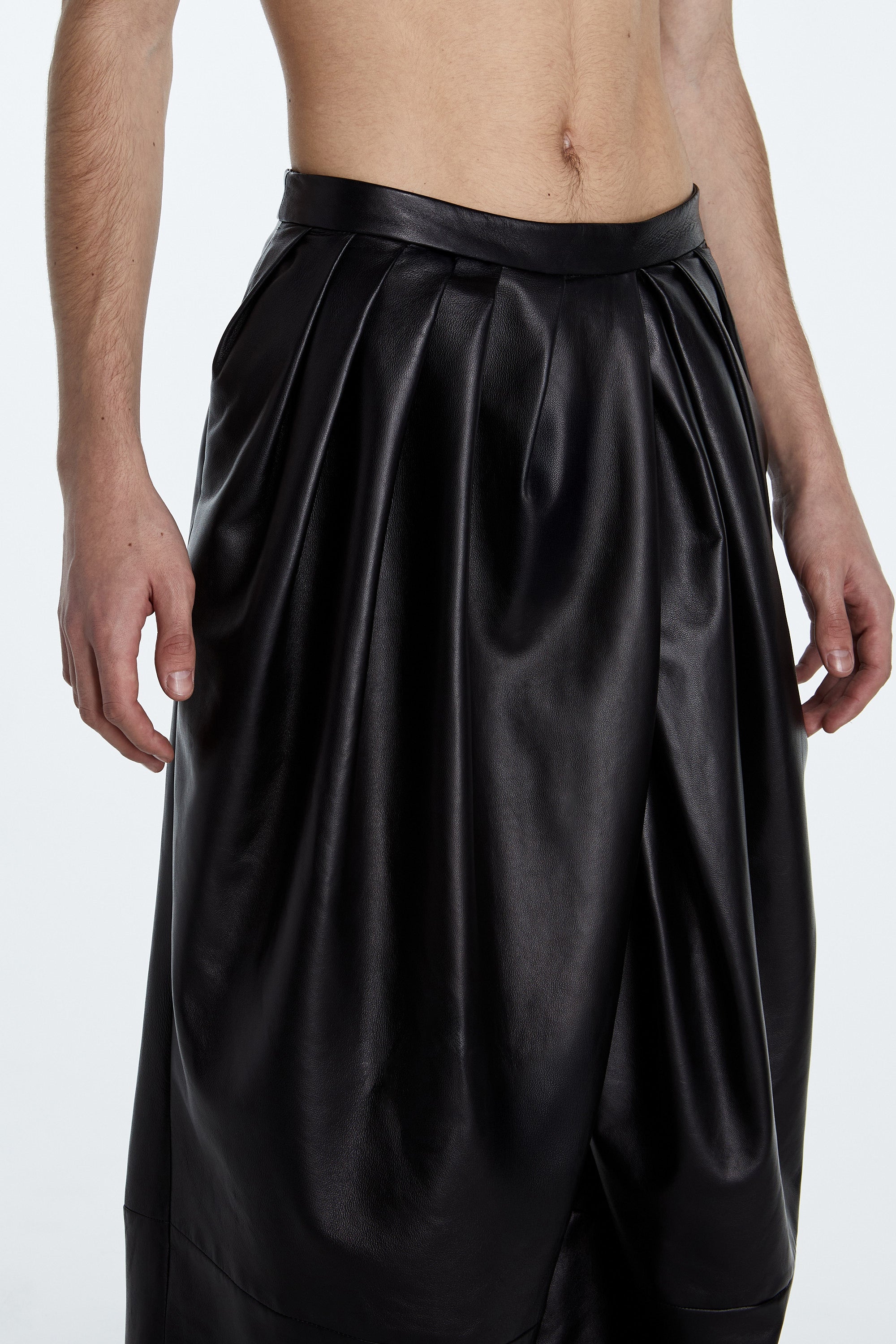 Jet Black Leather Asymmetrical Pleated Trousers – Flowing Architectural Cut