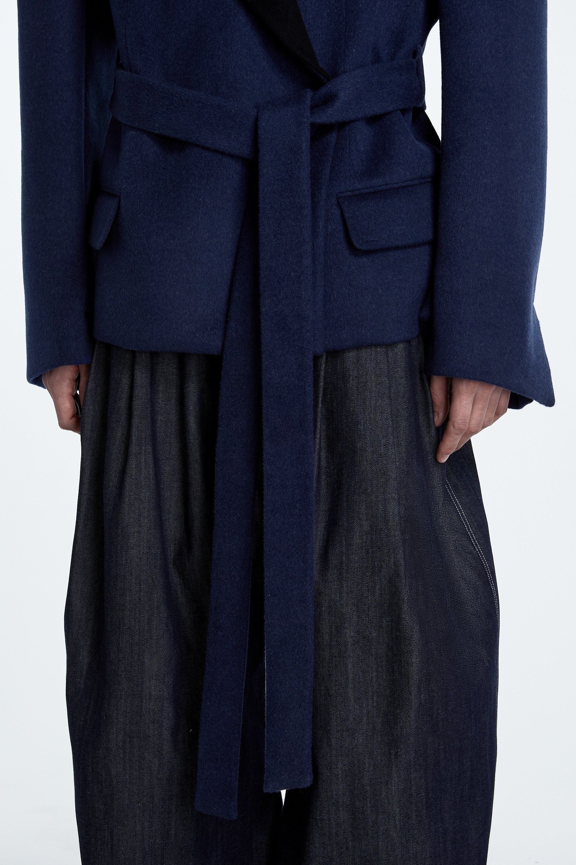 SHAO midnight sapphire oversized coat detail view