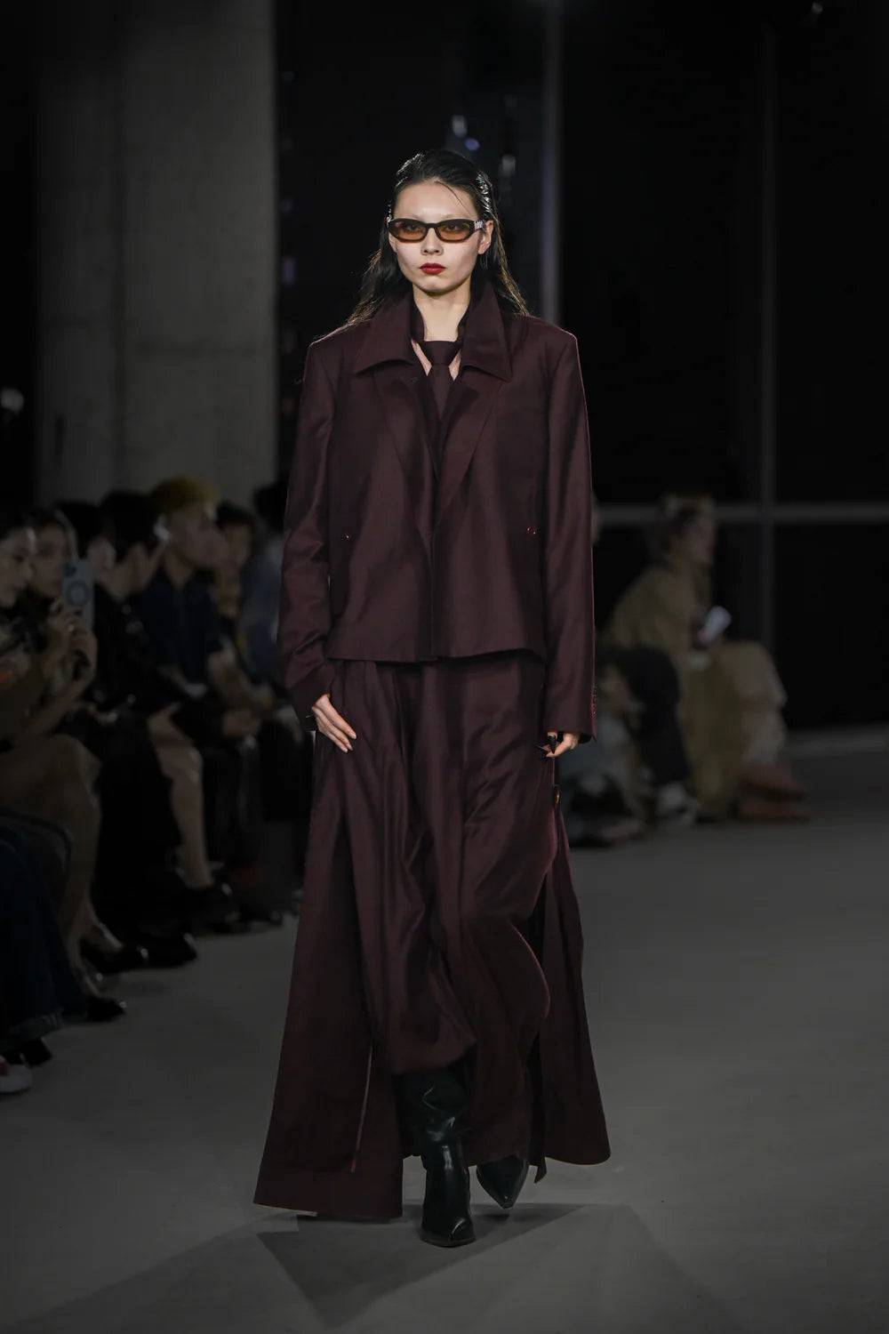 Wool Tie 7.5 cm in a deep plum shade paired with an oversized tailored jacket and wide-leg trousers, reflecting SHAO New York’s expertise in bespoke tailoring and luxury designer fashion.