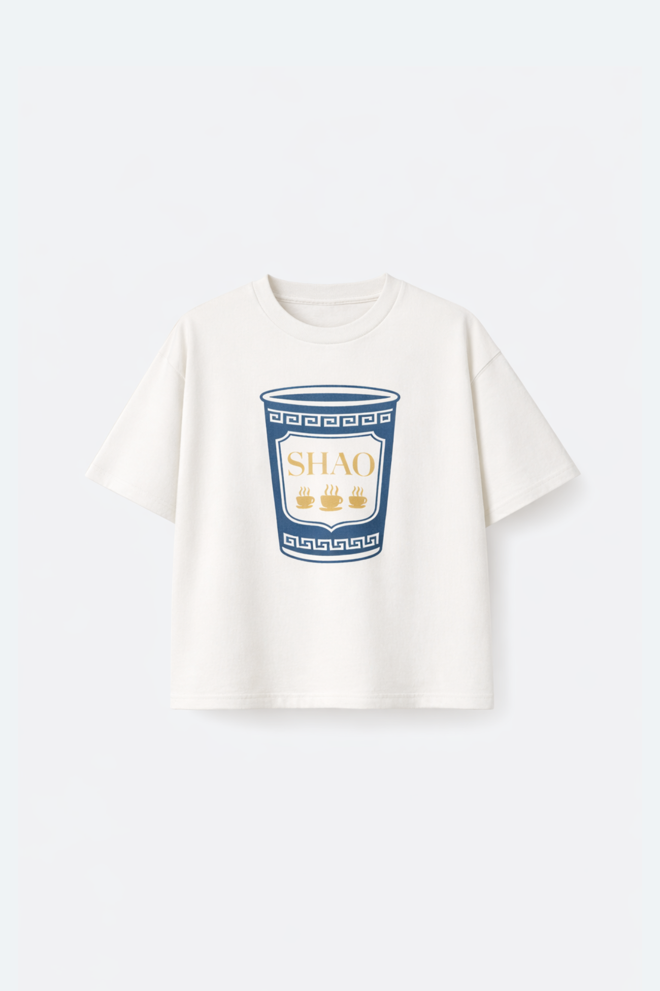 White t-shirt with a graphic design on a white background