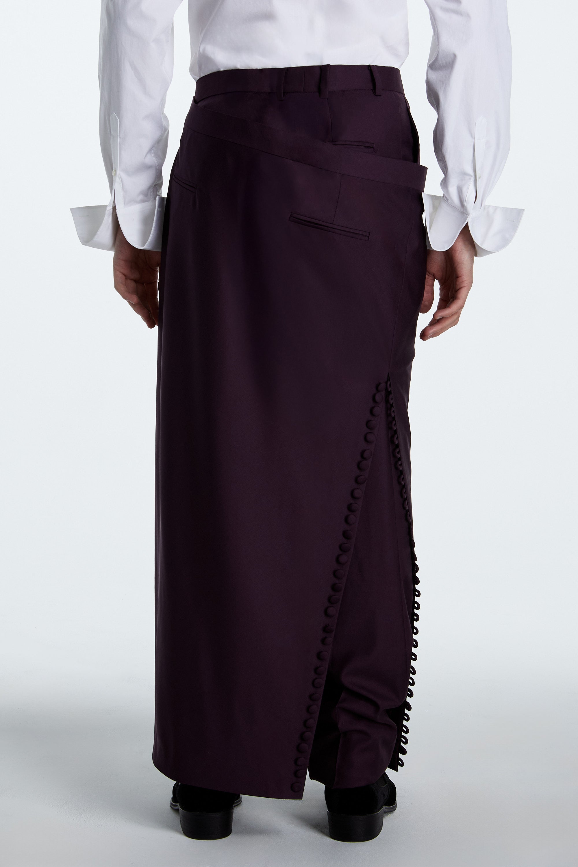 SHAO aubergine draped skirt overlay trousers back view