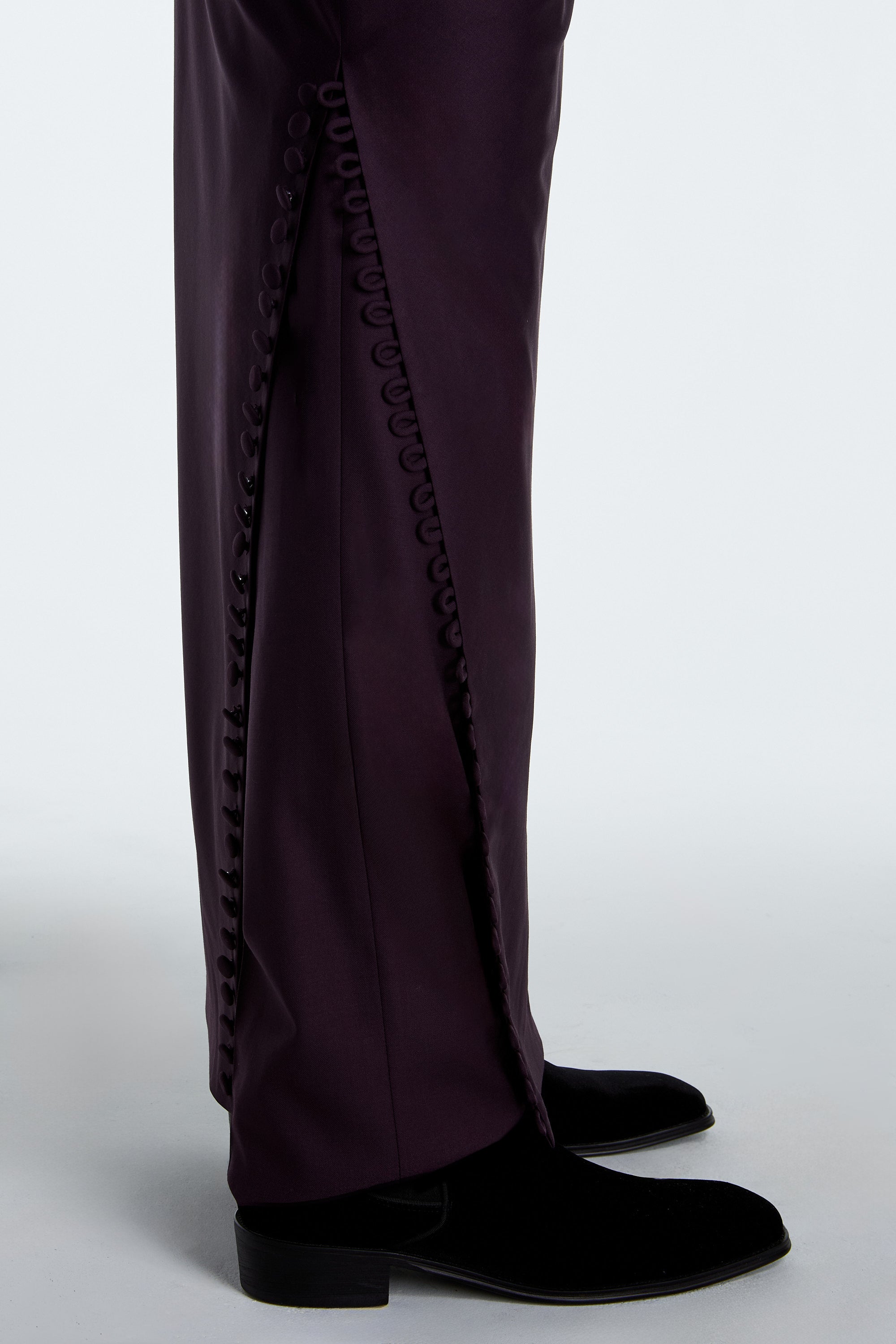 SHAO aubergine draped skirt overlay trousers fabric and drape detail