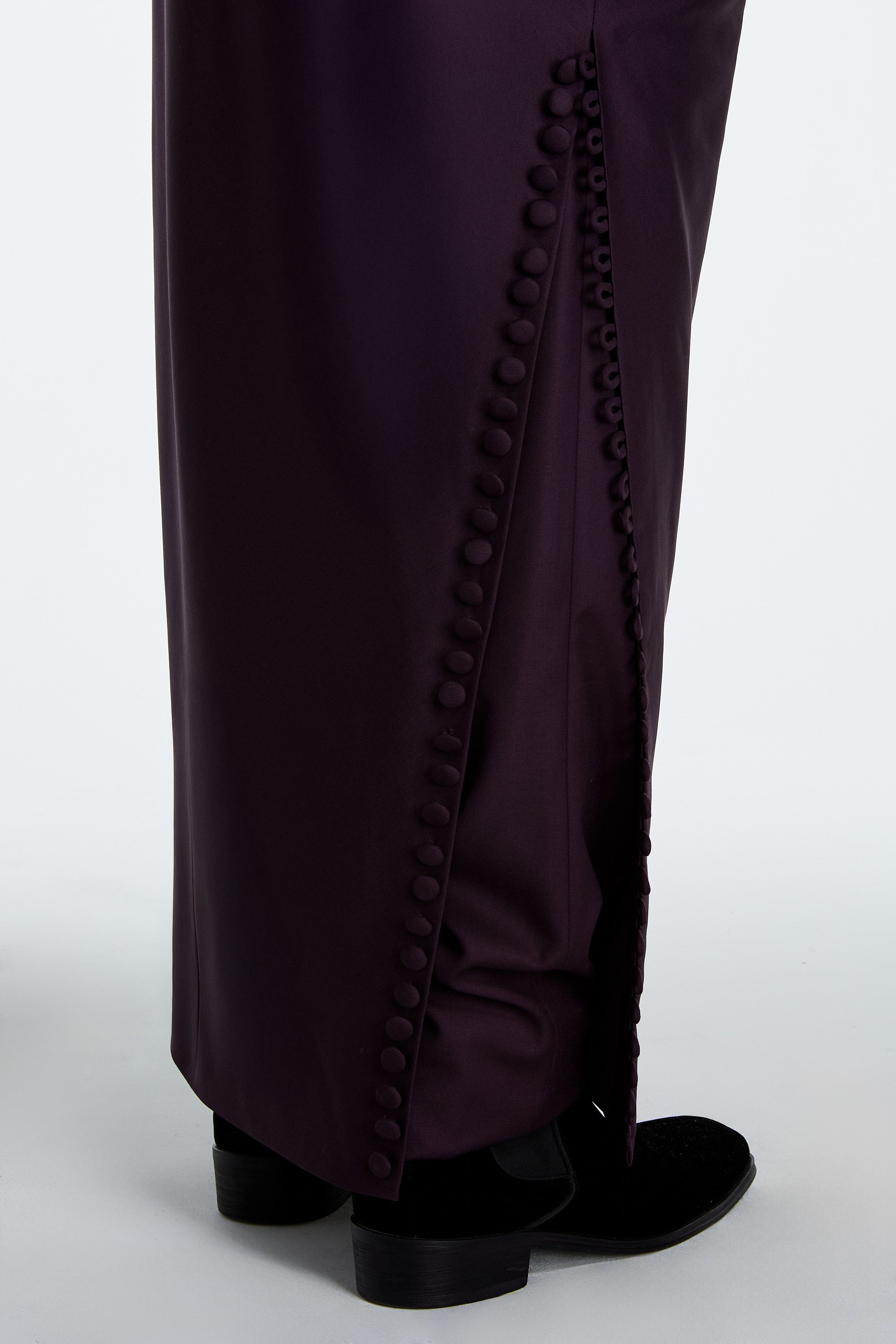 SHAO aubergine draped skirt overlay trousers fabric and drape detail