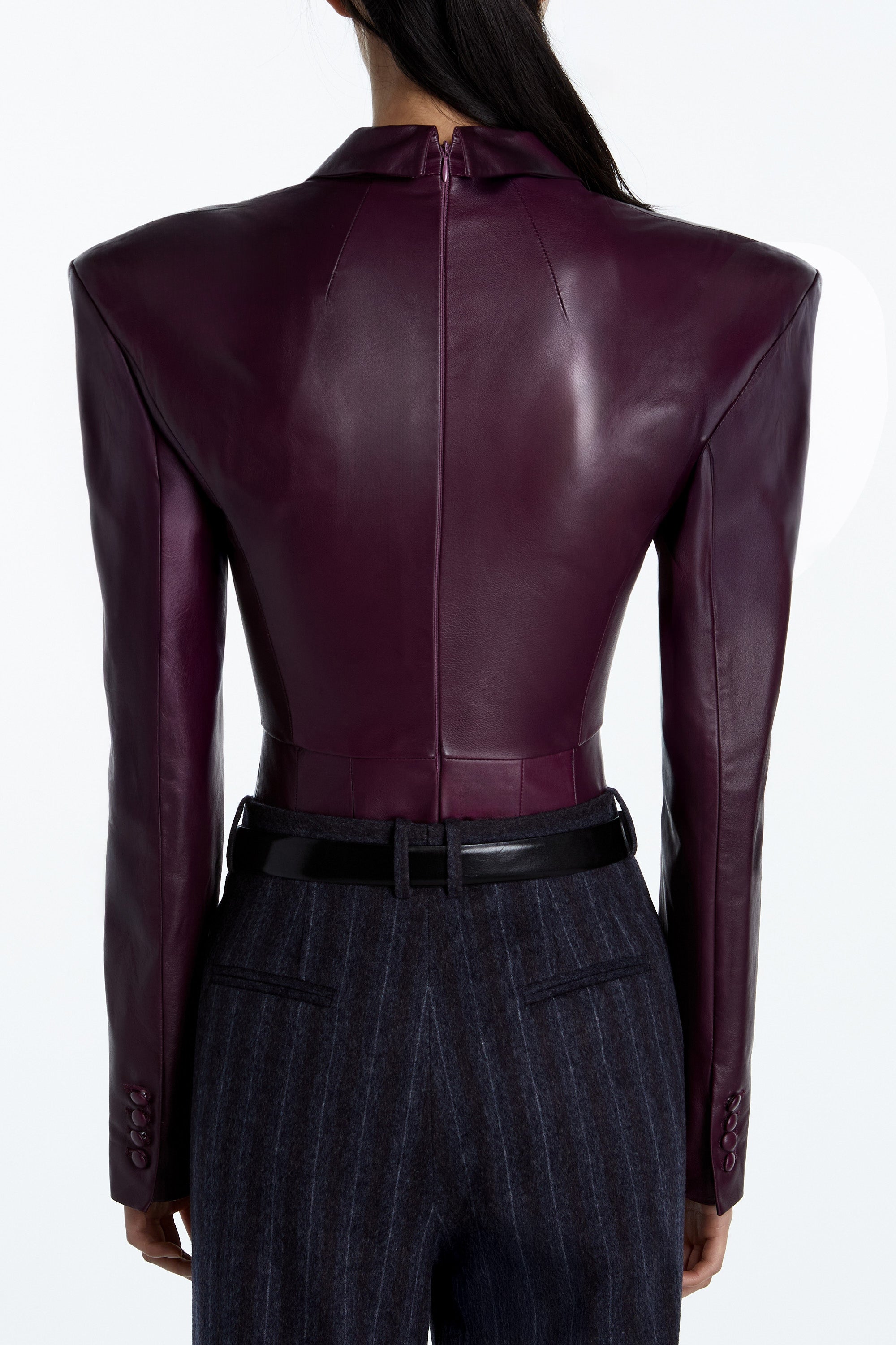 SHAO aubergine leather tailored bodysuit with clean back construction