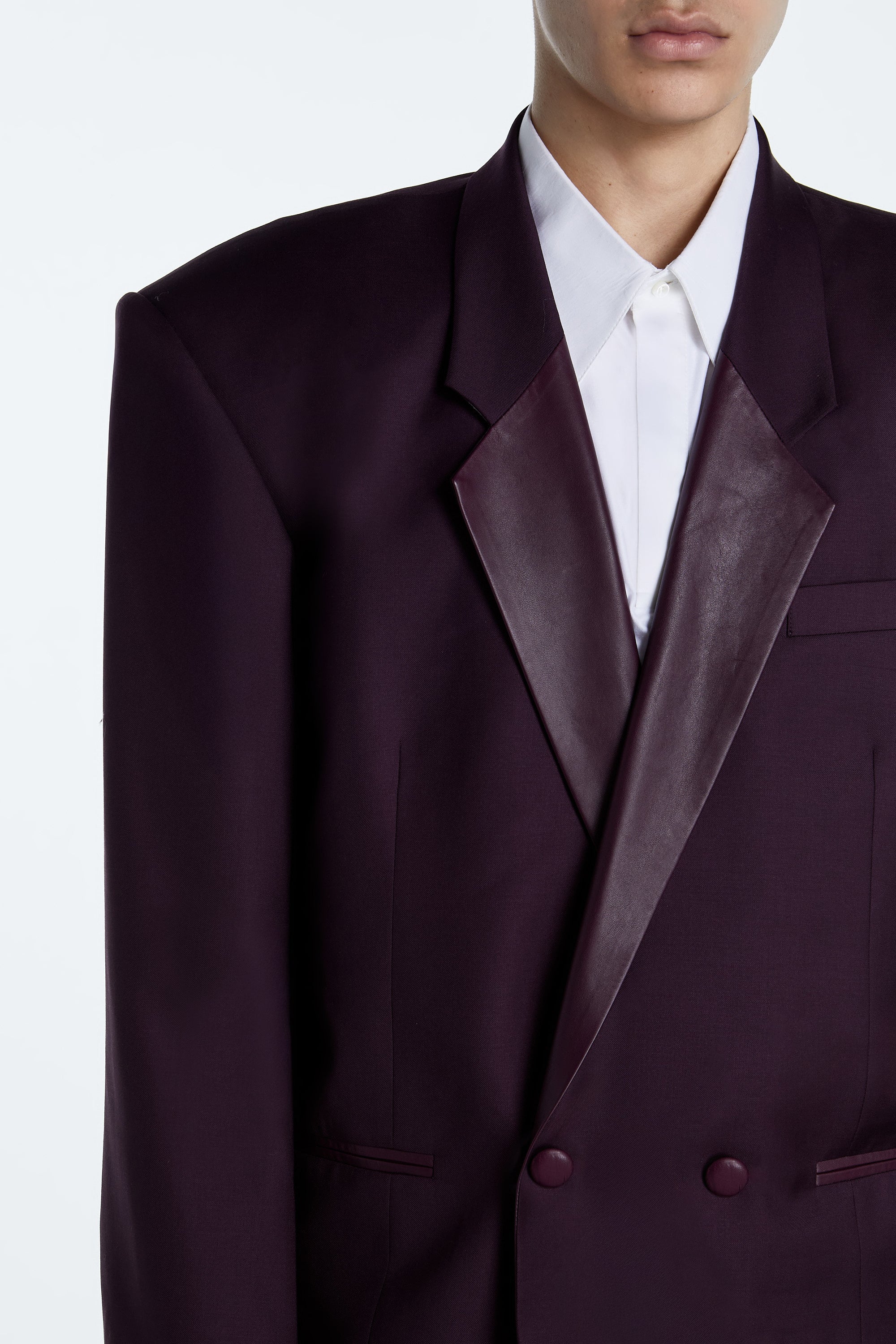 SHAO aubergine boxy blazer with leather lapel side profile