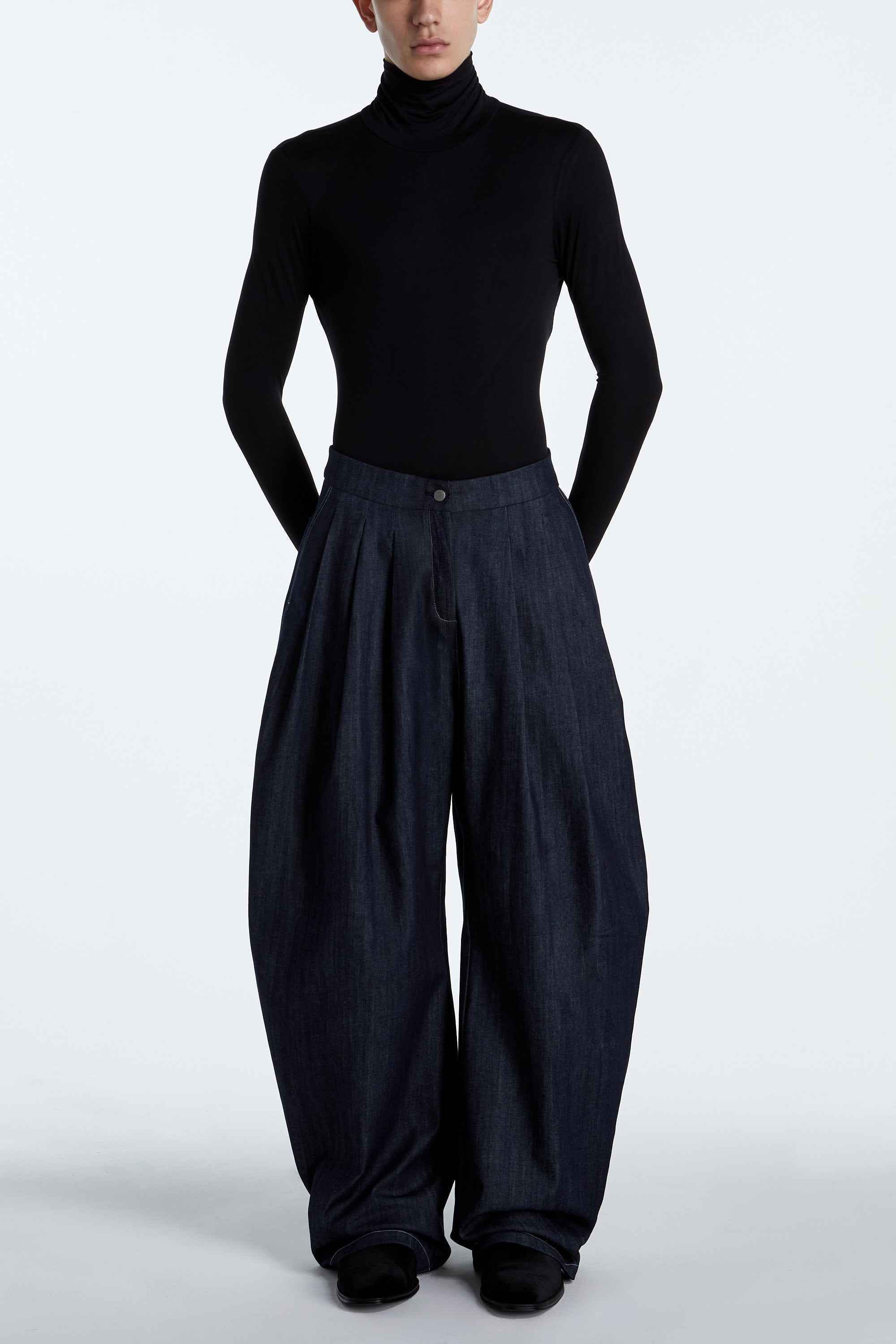SHAO dark indigo barrel-leg denim pants front view