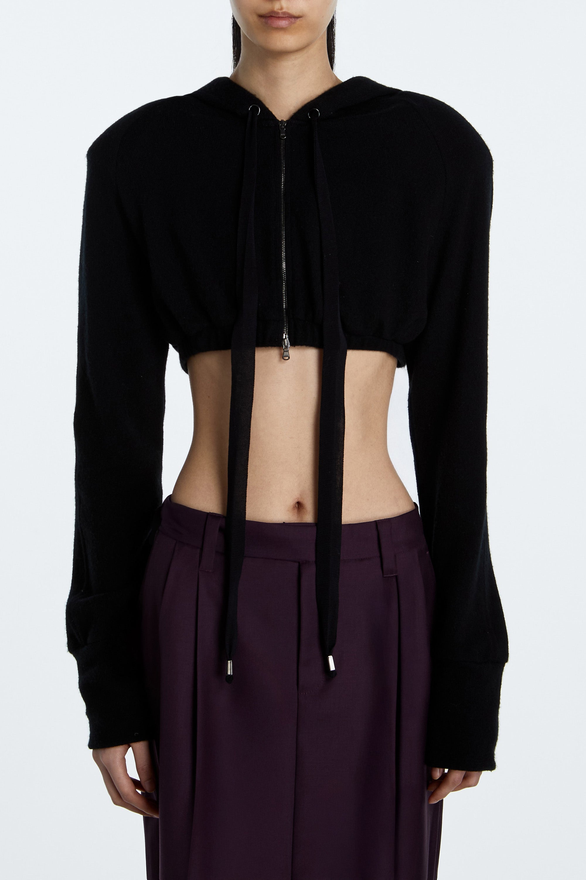 SHAO jet black cropped cashmere hoodie side silhouette