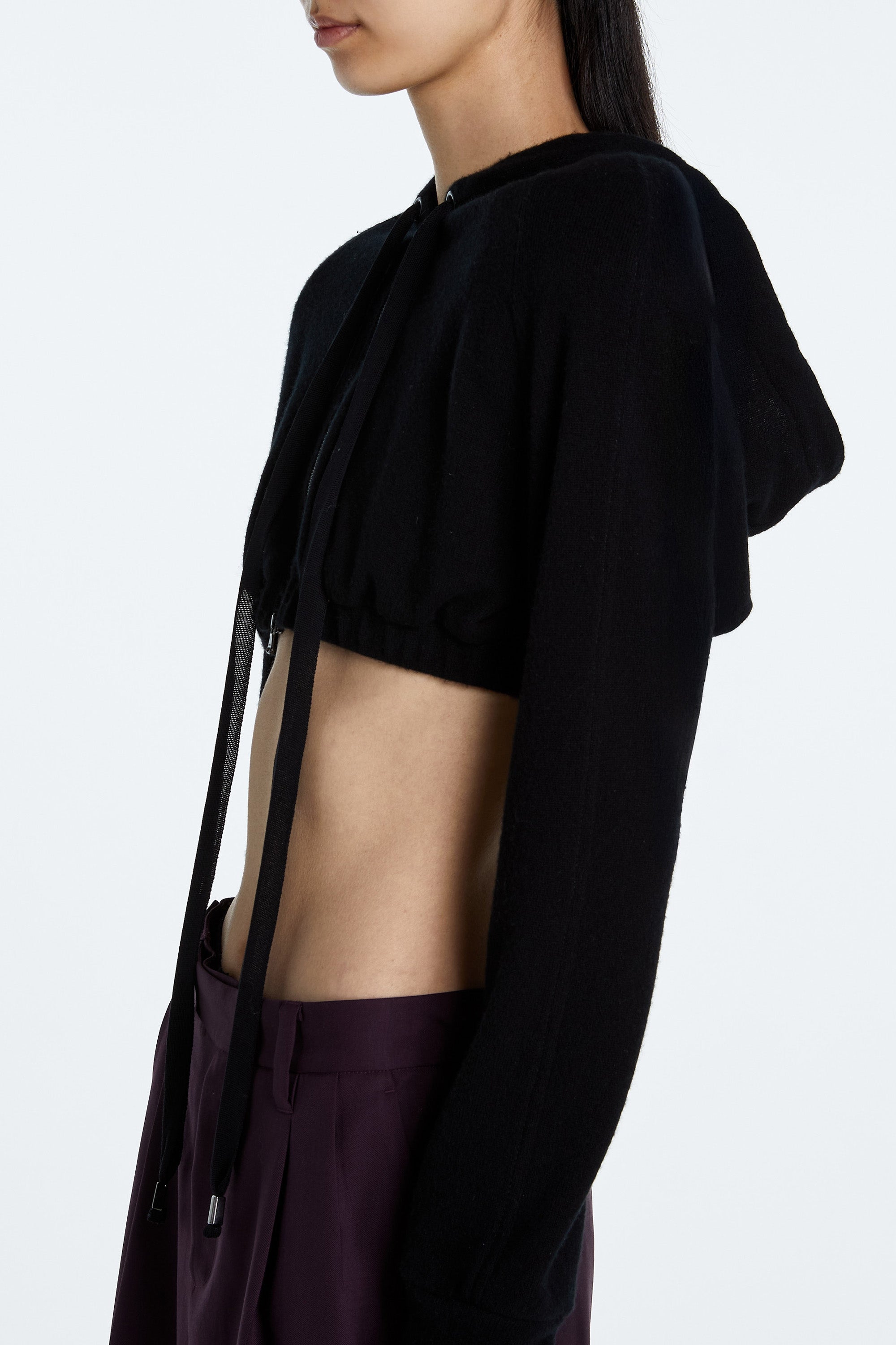 SHAO jet black cropped cashmere hoodie side silhouette