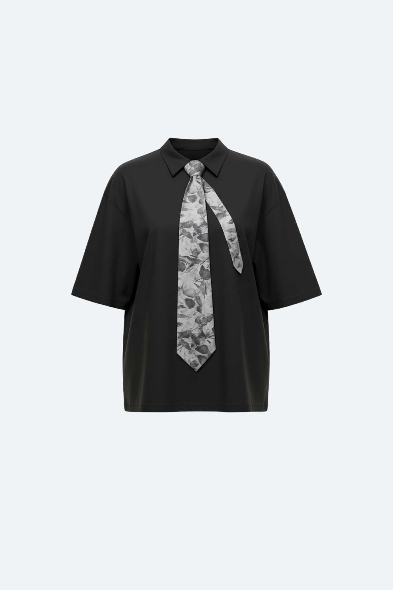 SHAO black oversized cotton shirt with printed floral tie front view