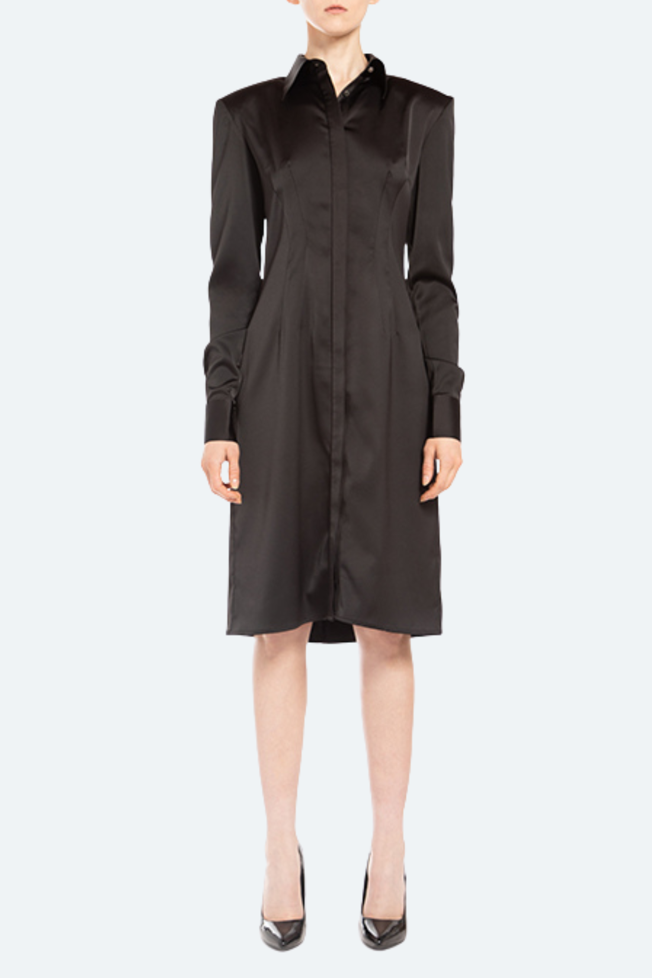 Front view black heavyweight satin shirt dress with structured shoulders and fitted waist