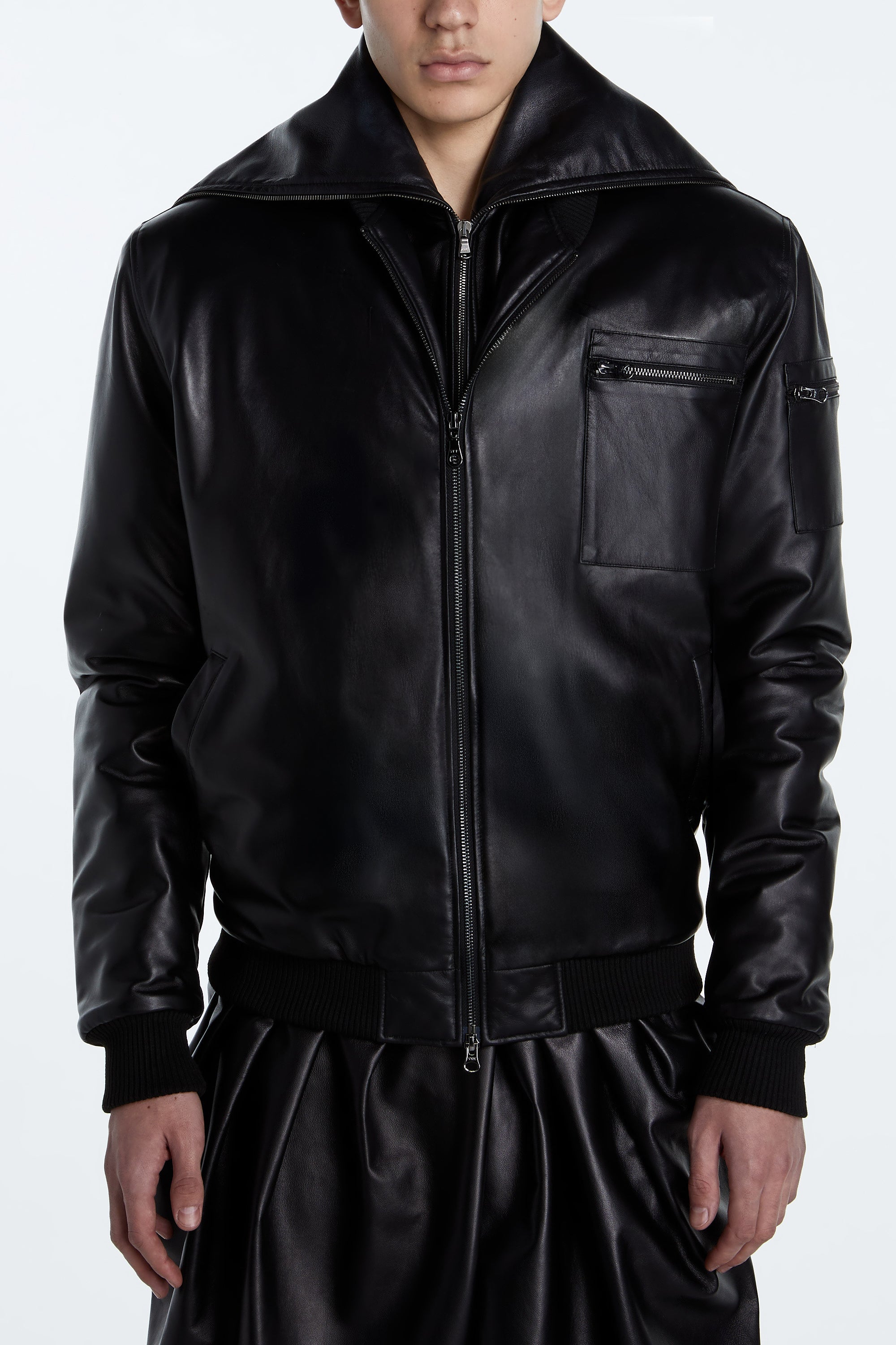 SHAO black leather bomber jacket without dickie styling option