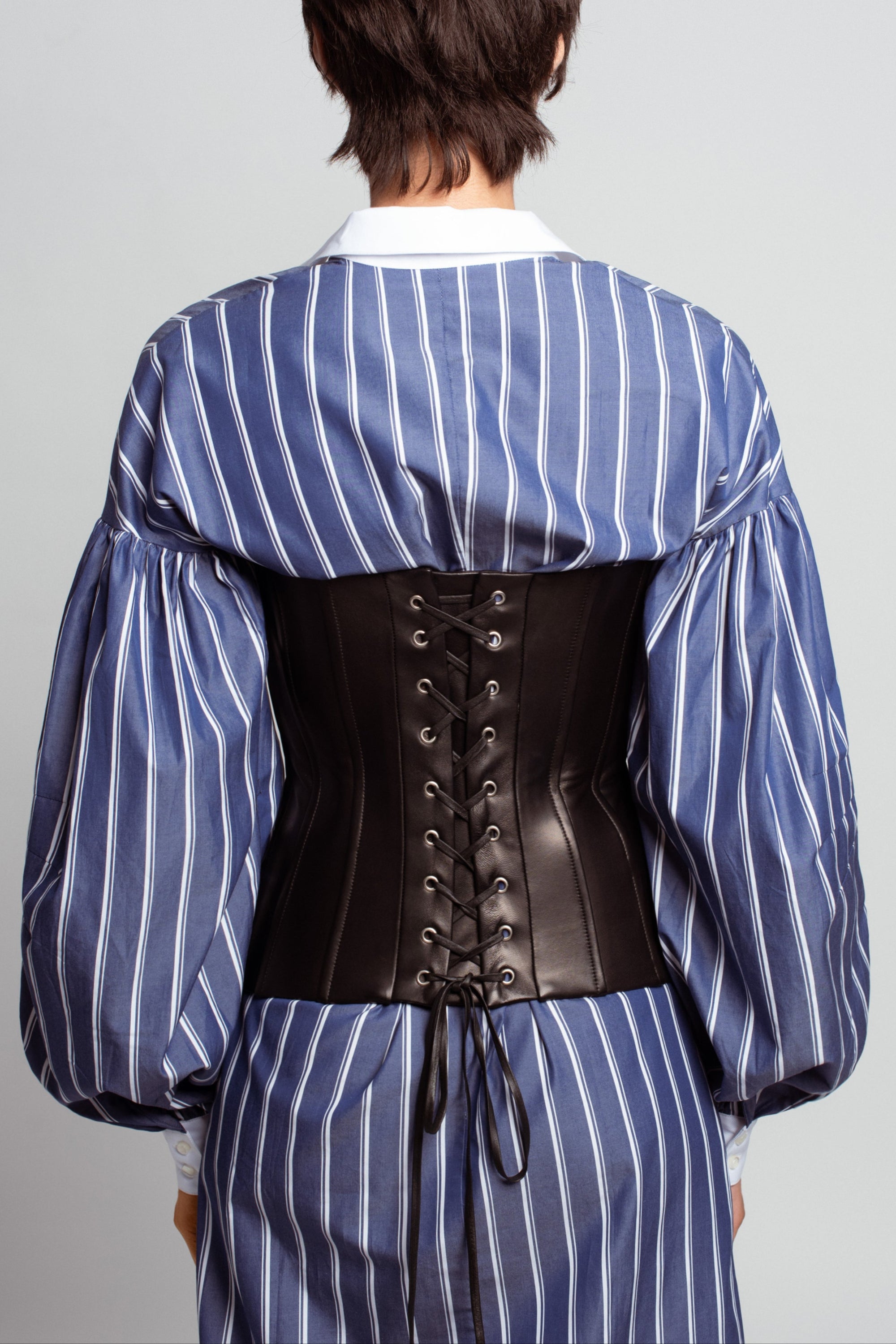 Black leather corset structured back view