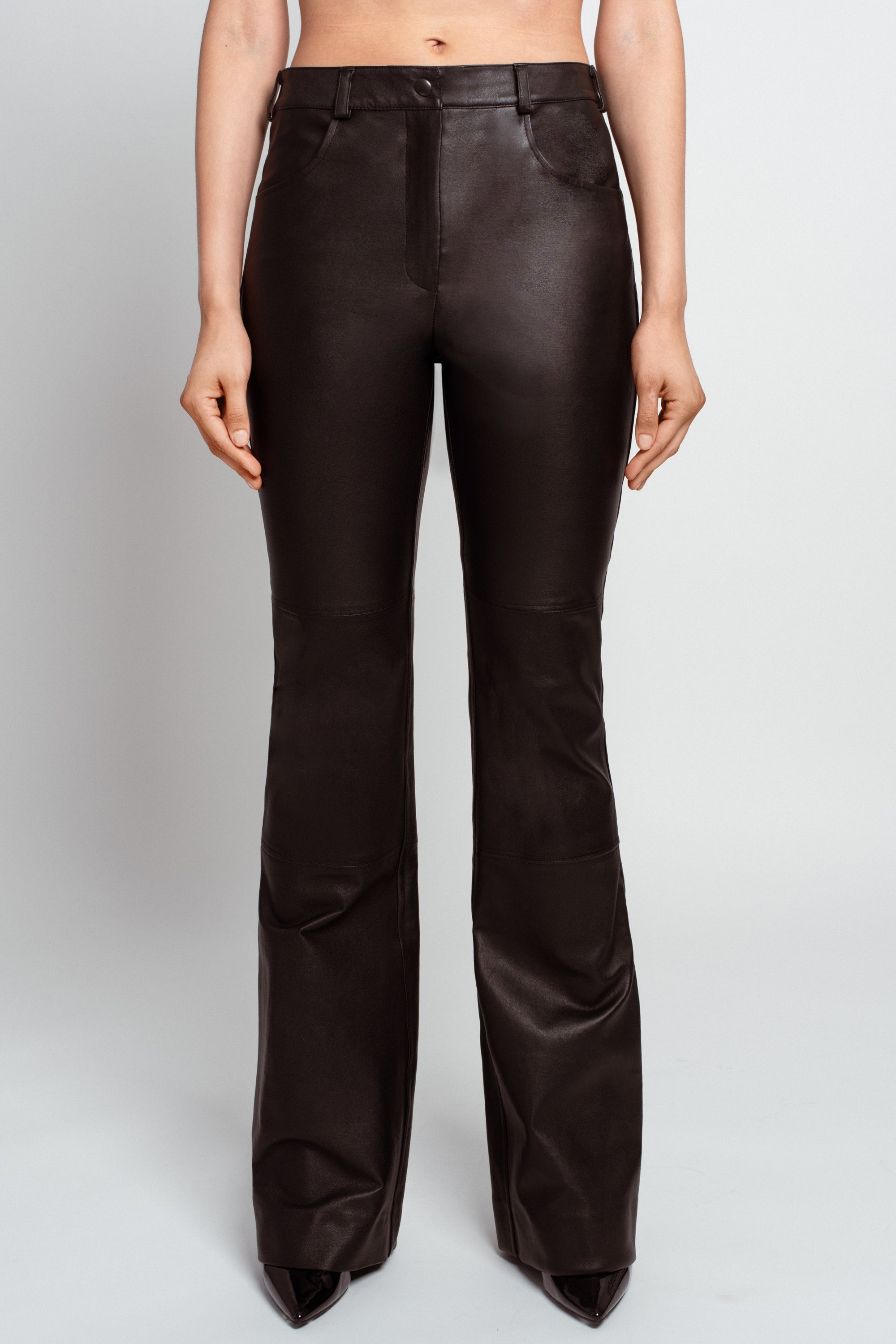 Black leather flared trousers back view