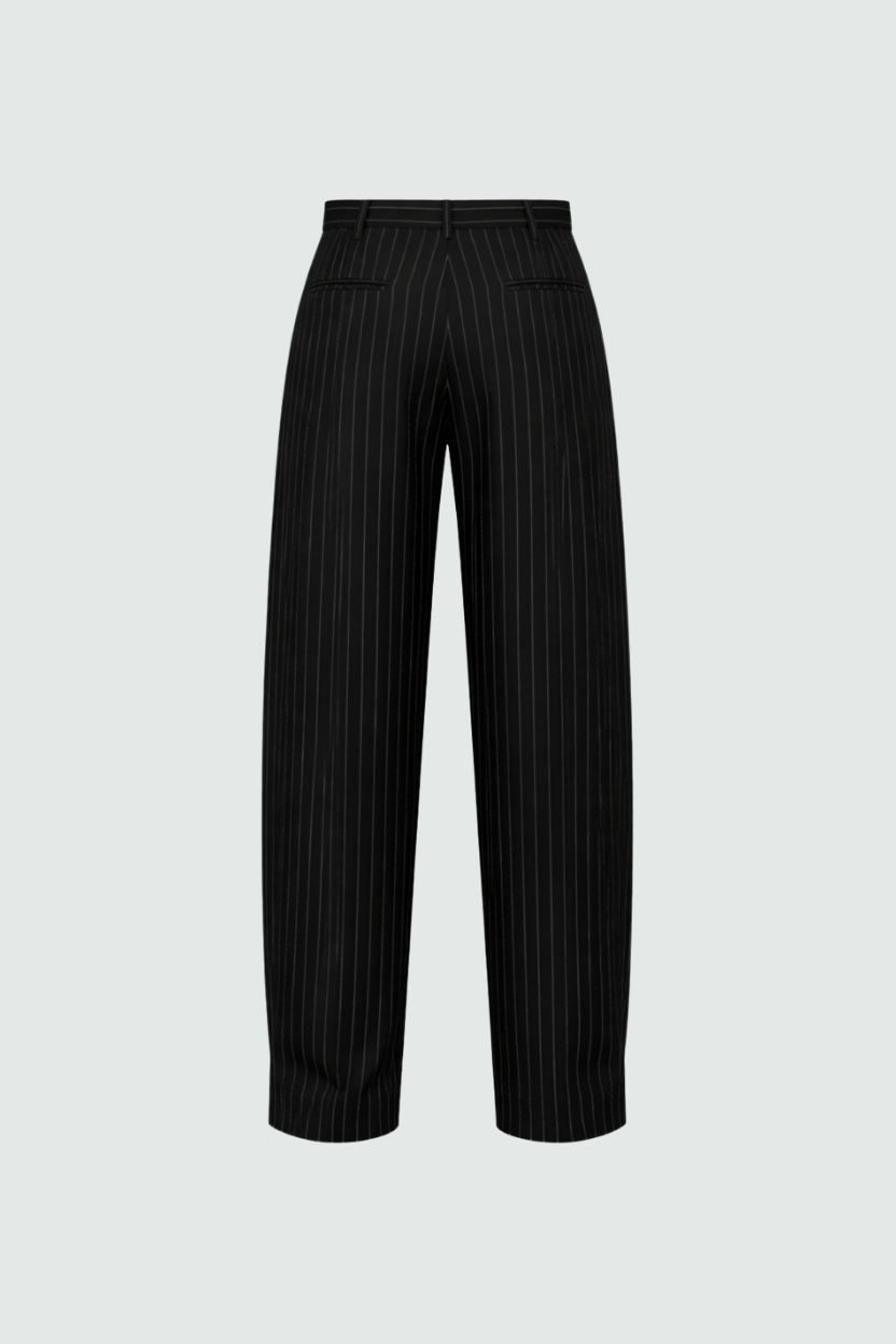 SHAO black pinstripe wide-leg trousers styled full look