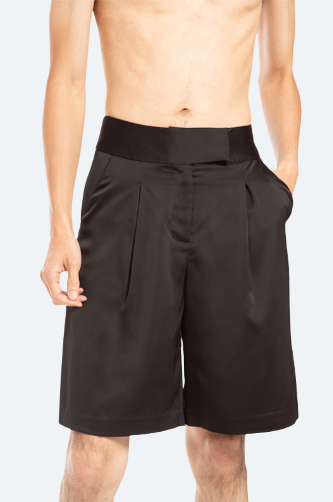 Front view black viscose satin tailored shorts with pleats and clean waistband