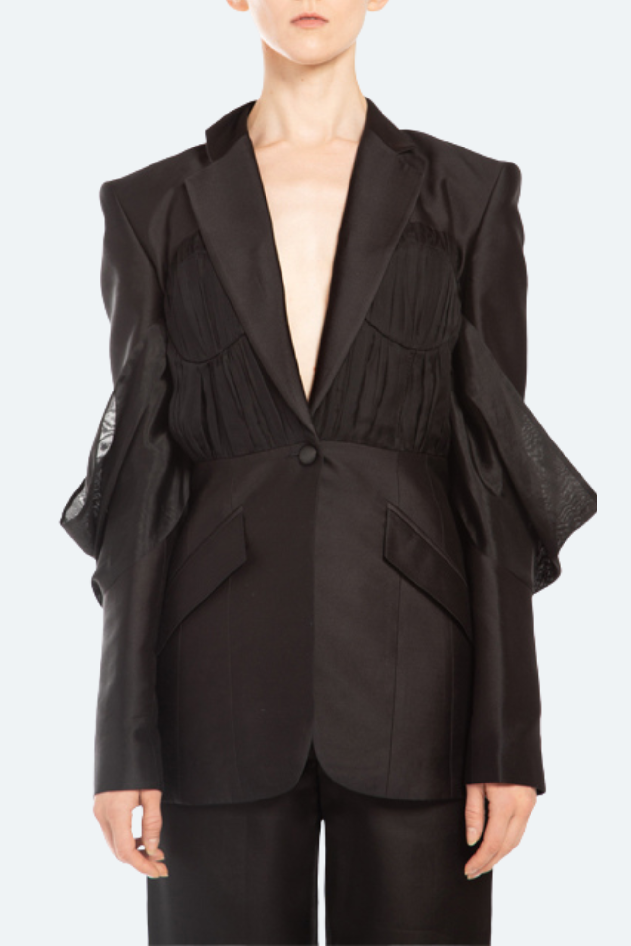 SHAO black draped-sleeve structured blazer front view